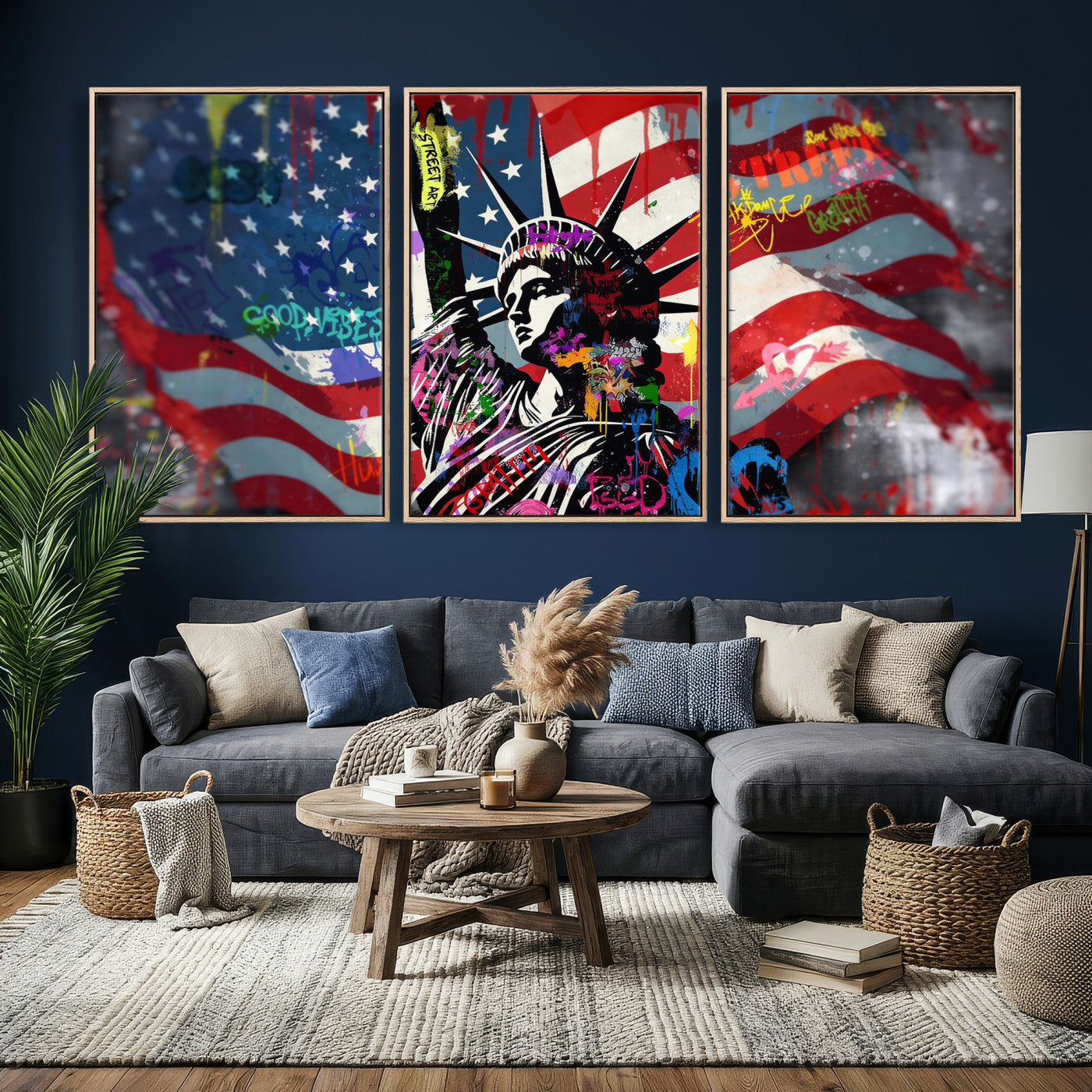 32151941-MGV-CV-36X24 - USA Statue of Liberty Graffiti Street Art Wall Art Canvas Print, American Flag Urban Pop Art Canvas Print, Modern Patriotic Street Art Contemporary Art Printing