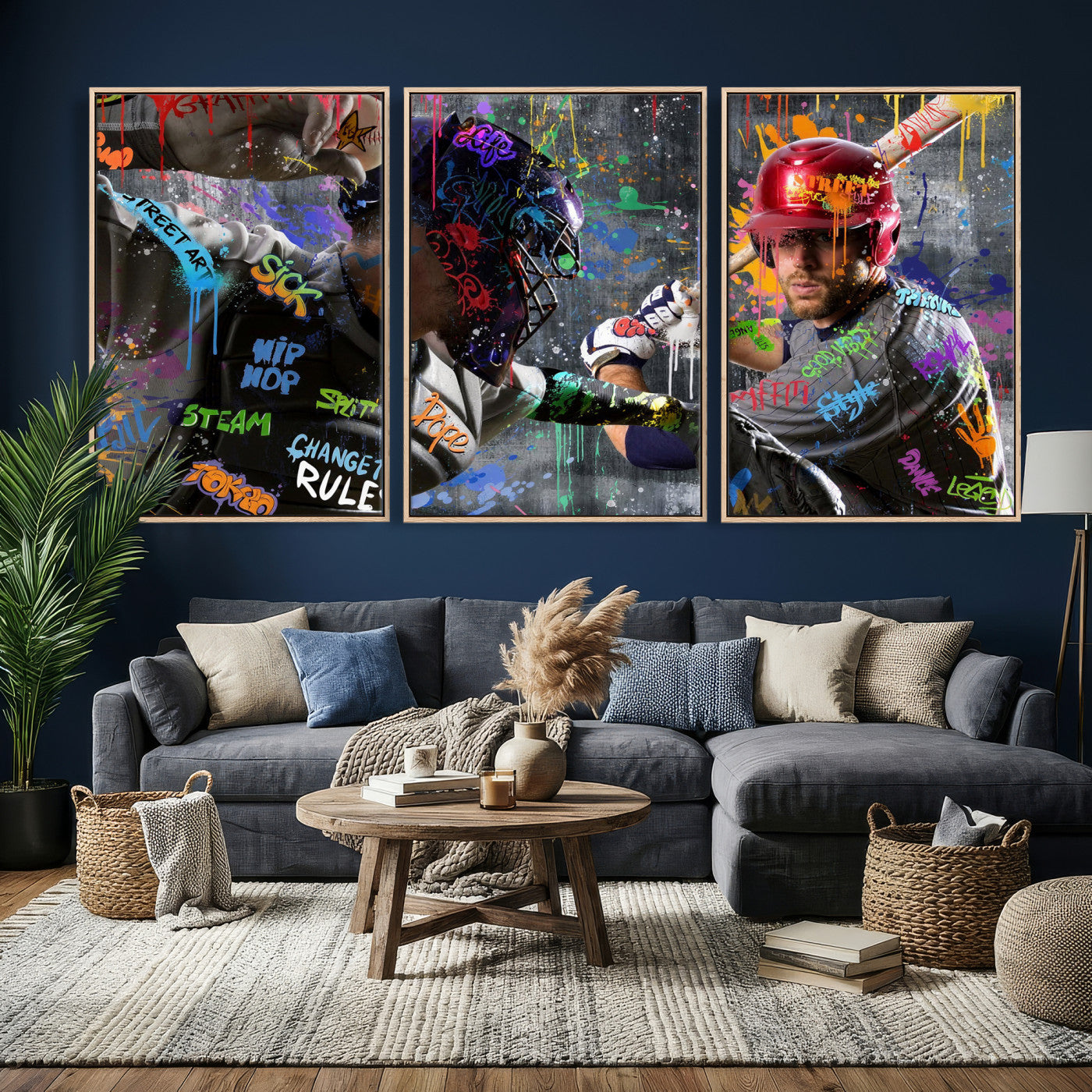 19634994-MGV-CV-36X24 - Graffiti Baseball Player Street Art Wall Art Canvas Print, Urban Sports Pop Art Baseball Canvas Print, Modern Athletic Graffiti Contemporary Art Printing