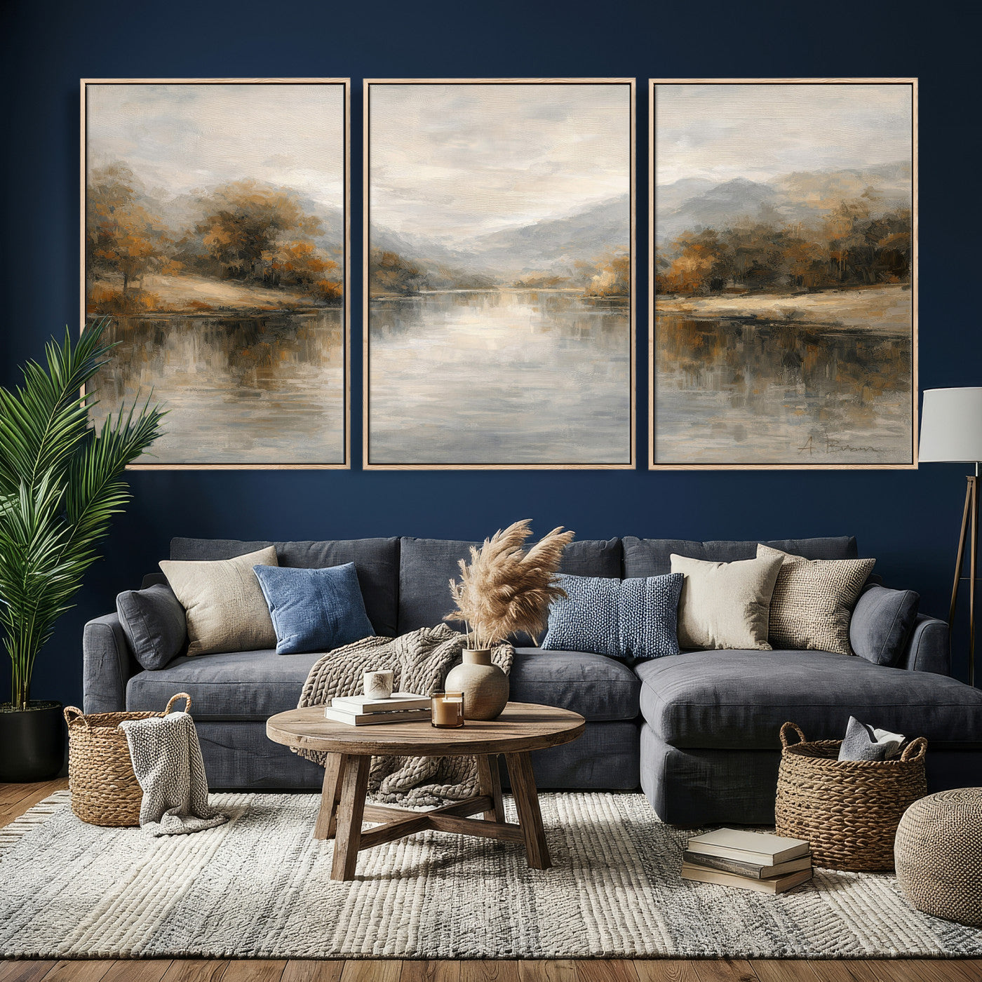 29251761-MGV-CV-36X24 - Neutral Abstract River Landscape Wall Art Canvas Print, Modern Minimal Nature Reflection Canvas Print, Beige Gray Contemporary Mountain Art Printing