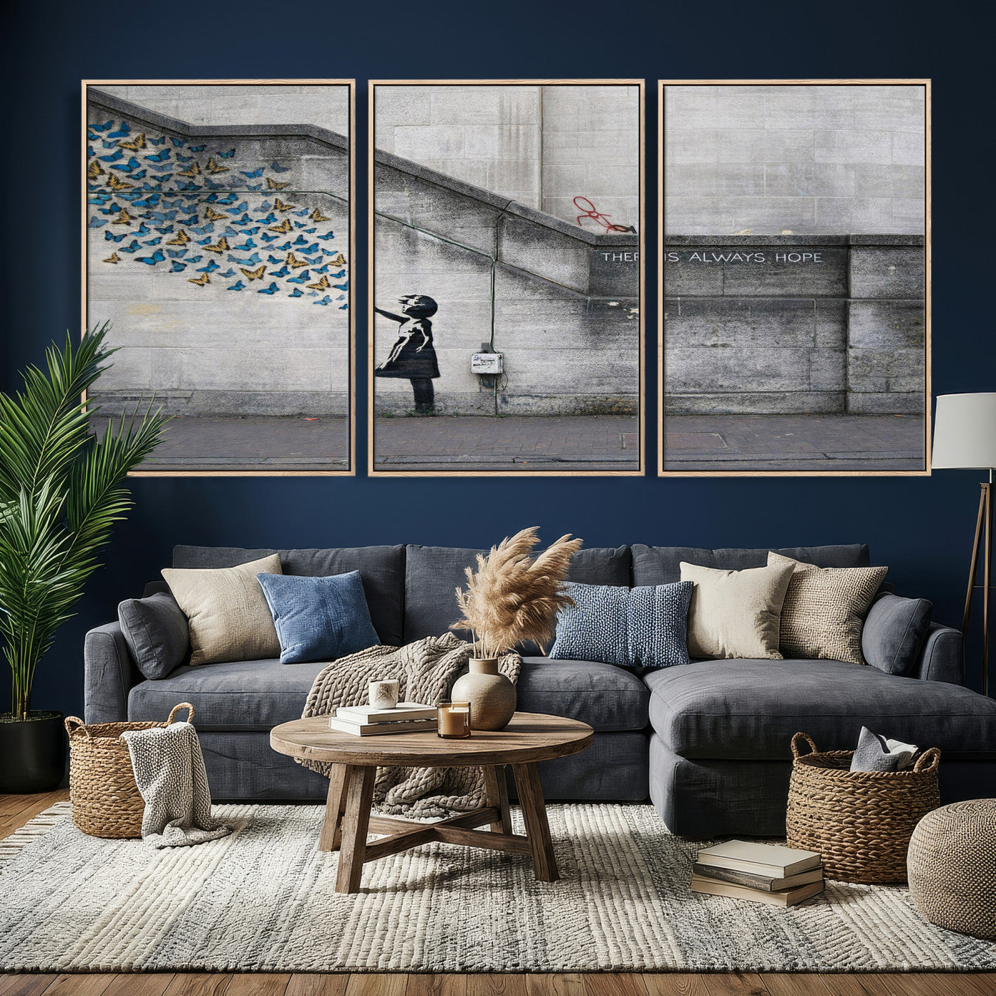 15274223-MGV-CV-36X24 - Banksy Girl with Butterflies Street Art Wall Art Canvas Print, Hope Graffiti Urban Art Canvas Print, Minimalist Inspirational Street Art Contemporary Art Printing