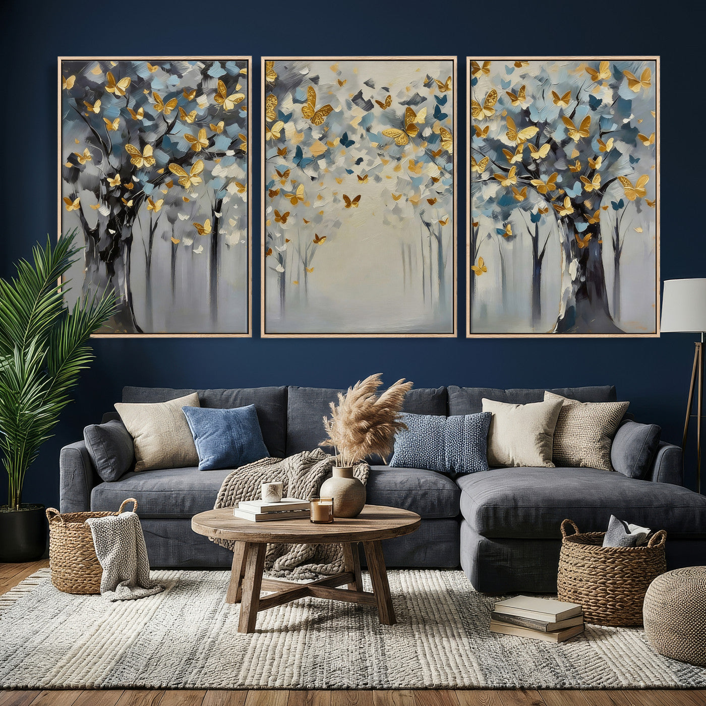 79208191-MGV-CV-36X24 - Golden Butterfly Tree Abstract Wall Art Canvas Print, Modern Elegant Nature Painting Canvas Print, Blue Gold Contemporary Floral Art Printing