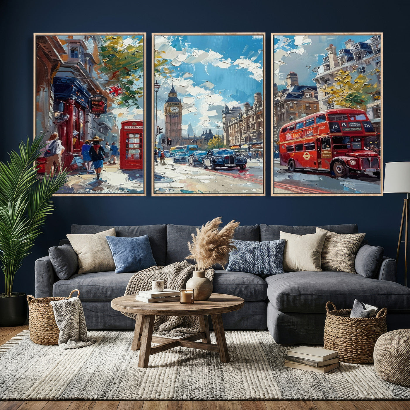 17630888-MGV-CV-36X24 - Modern London City Street Wall Art Canvas Print, Big Ben & Red Bus Artwork Canvas Print