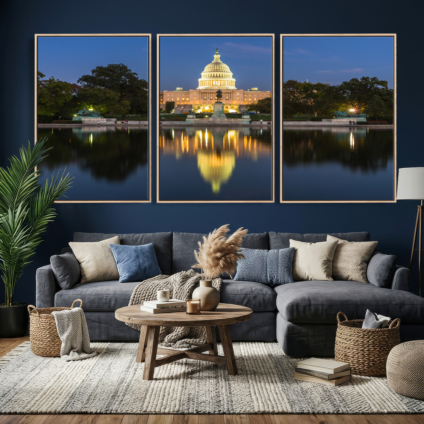 95568590-MGV-CV-36X24 - US Capitol Building Wall Art Canvas Print – Washington DC Landmark Night Reflection Artwork for Office Decor