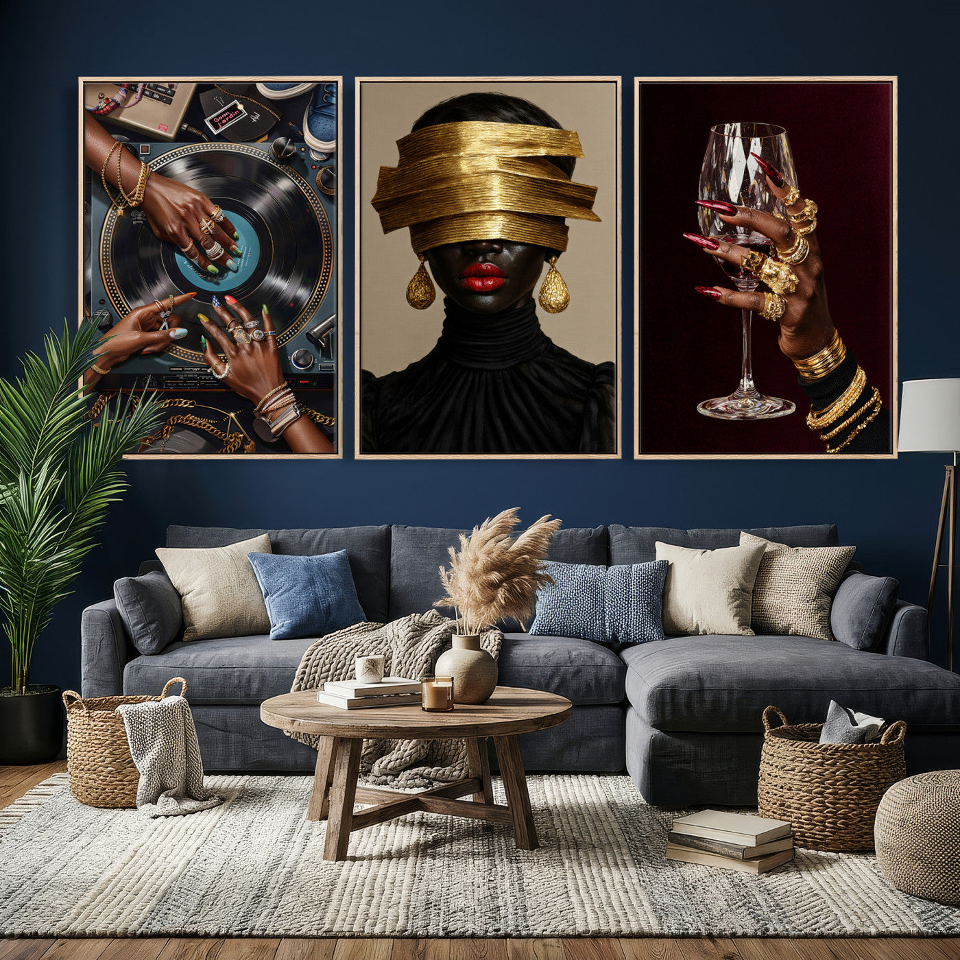 8151788S6-MGV-CV-60X30-3P - Luxury Fashion Wall Art Canvas Print Set of 3, Gold Jewelry Portrait Triptych, Glam Black Woman Modern Artwork
