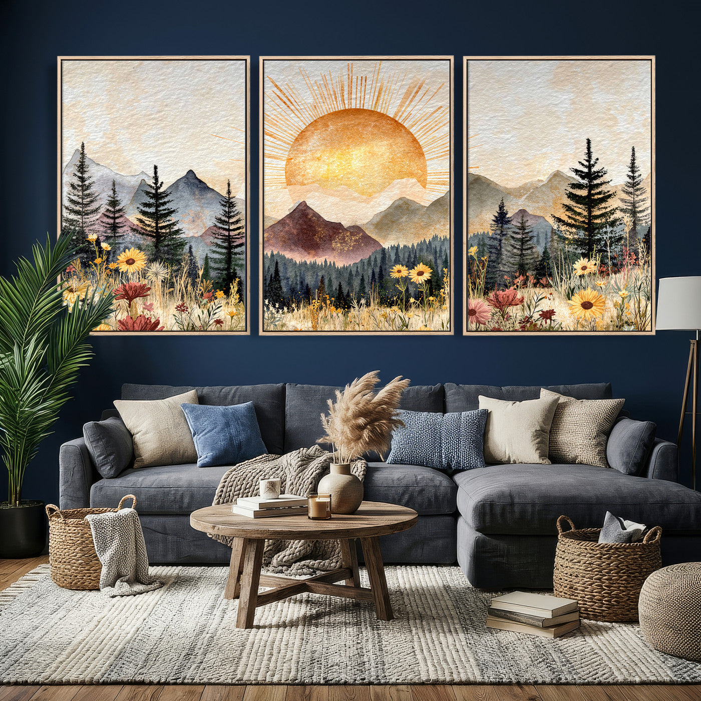 69025244-MGV-CV-36X24 - Boho Mountain Landscape Large Wall Art, Horizontal Gold Framed Canvas Print with Sun and Flowers