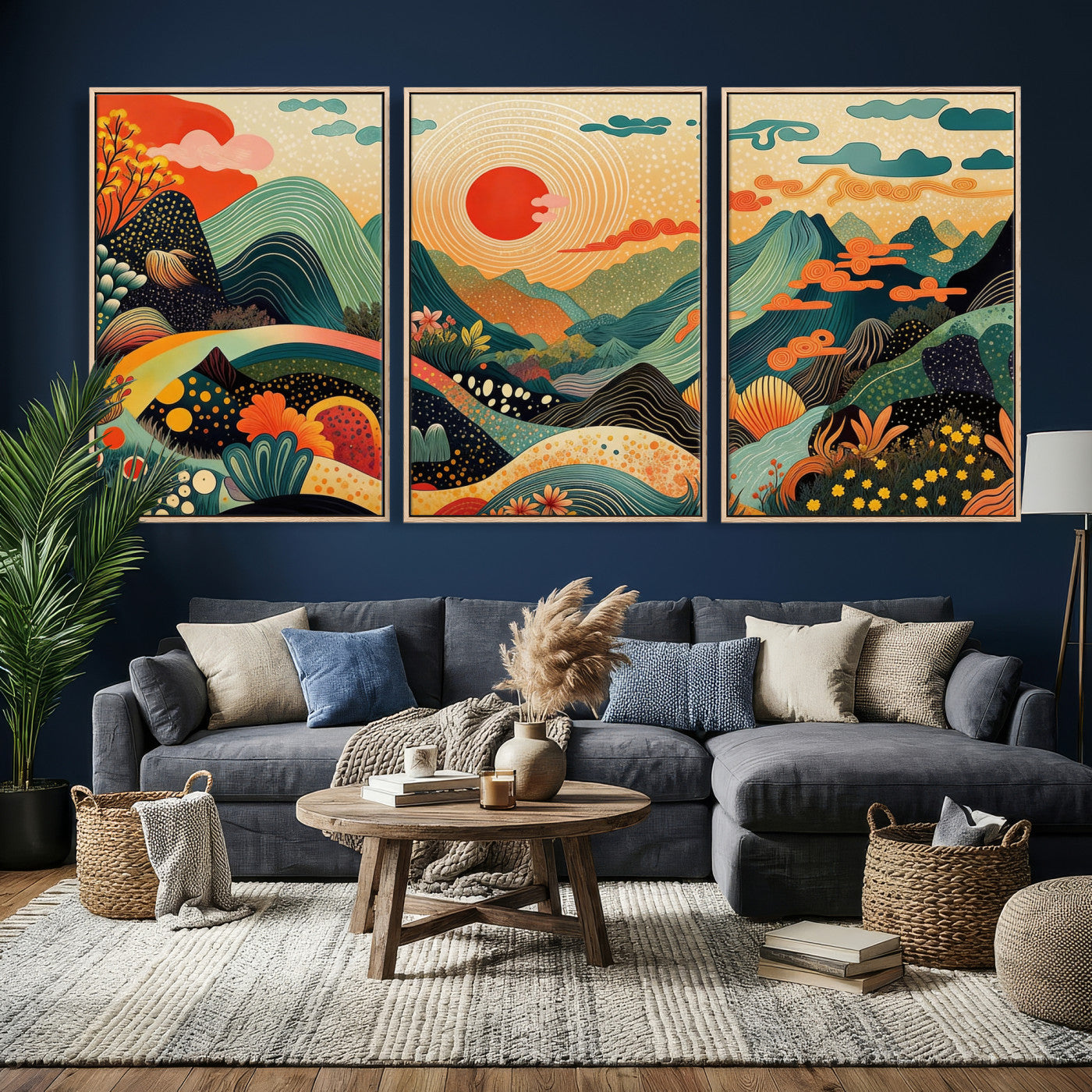 29927191-MGV-CV-36X24 - Yayoi Kusama Boho Mountain Landscape Large Wall Art, Horizontal Gold Framed Canvas Print with Sun and Flowers