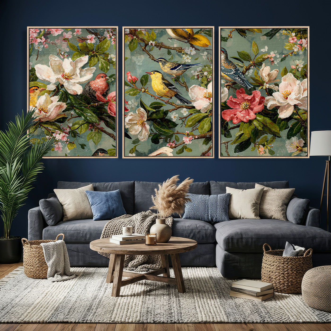 77883606-MGV-CV-36X24 - Vintage Birds and Flowers Wide Wall Art: Extra Large Panoramic Botanical Print