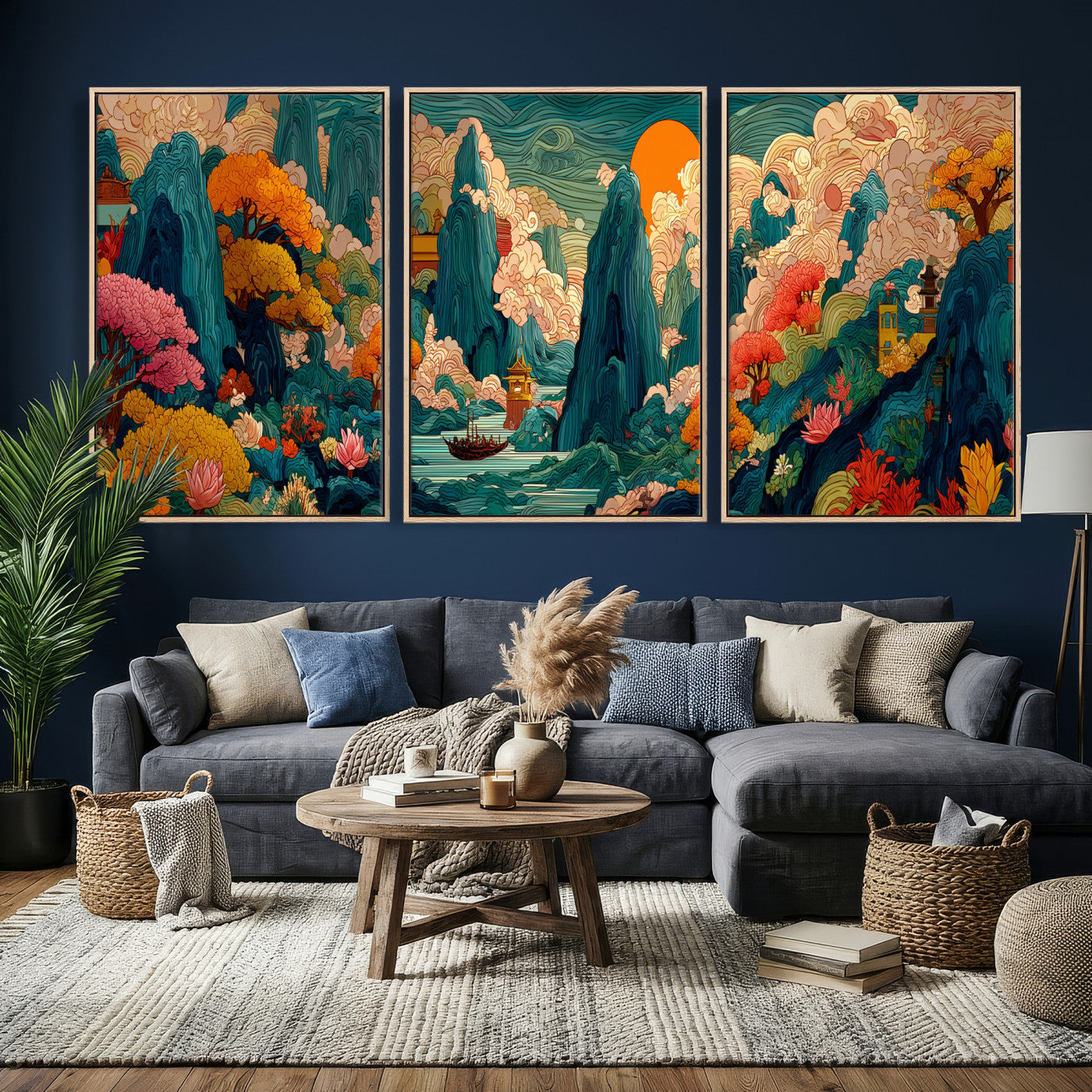 90422518-MGV-CV-48X32-3P - Colorful Japanese Landscape Print: Maximalist Panoramic Wall Art