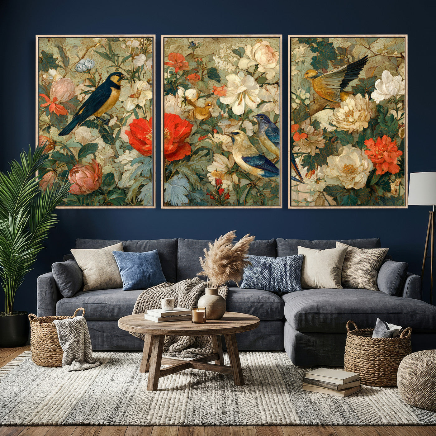 52904757-MGV-CV-36X24 - Vintage Birds and Flowers Wall Art Canvas Print, Botanical Bird Painting Canvas Print, Floral Garden Bird Artwork Canvas Print, Classic Bird Flower Painting Canvas Print