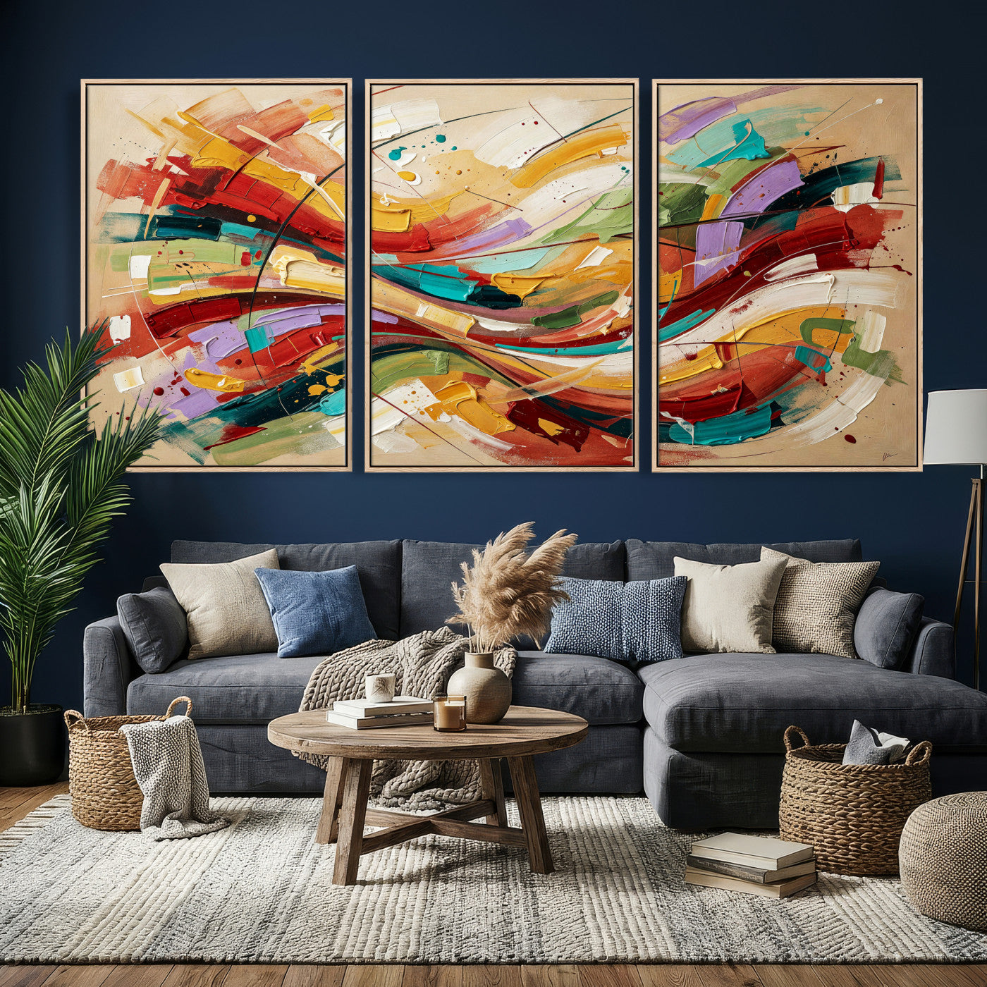 39887645-MGV-CV-36X24 - Geometric Abstract Wall Art Canvas Print, Orange Blue Abstract Expressionist Painting Print, Modern Geometric Abstract Canvas Art