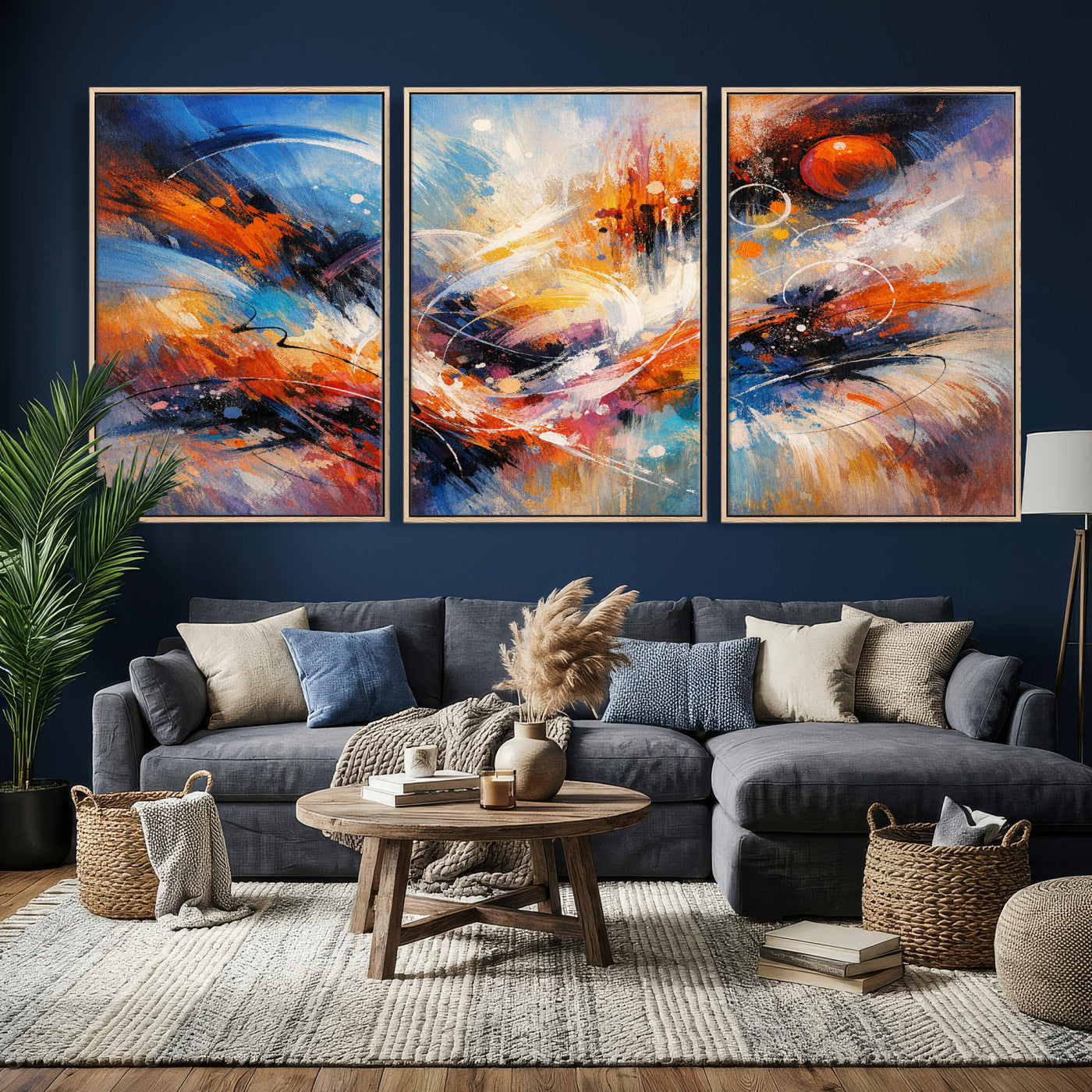 47770355-MGV-CV-36X24 - Geometric Abstract Wall Art Canvas Print, Orange Blue Abstract Expressionist Painting Print, Modern Geometric Abstract Canvas Art
