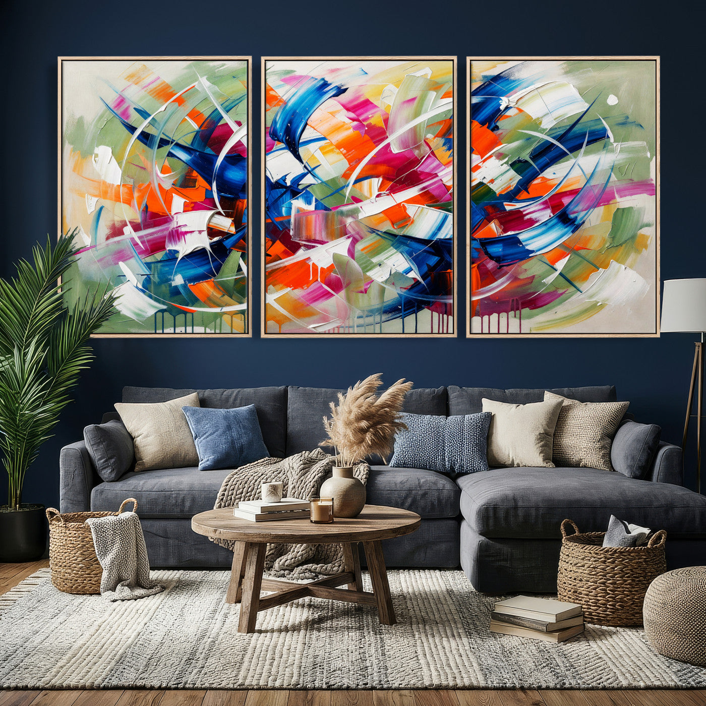 15032888-MGV-CV-36X24 - Geometric Abstract Wall Art Canvas Print, Orange Blue Abstract Expressionist Painting Print, Modern Geometric Abstract Canvas Art
