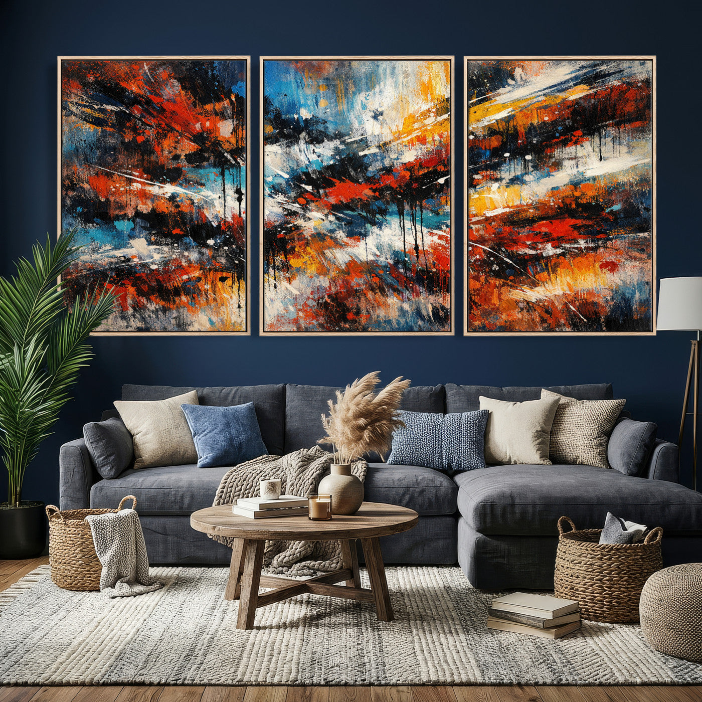 80276069-MGV-CV-36X24 - Geometric Abstract Wall Art Canvas Print, Orange Blue Abstract Expressionist Painting Print, Modern Geometric Abstract Canvas Art