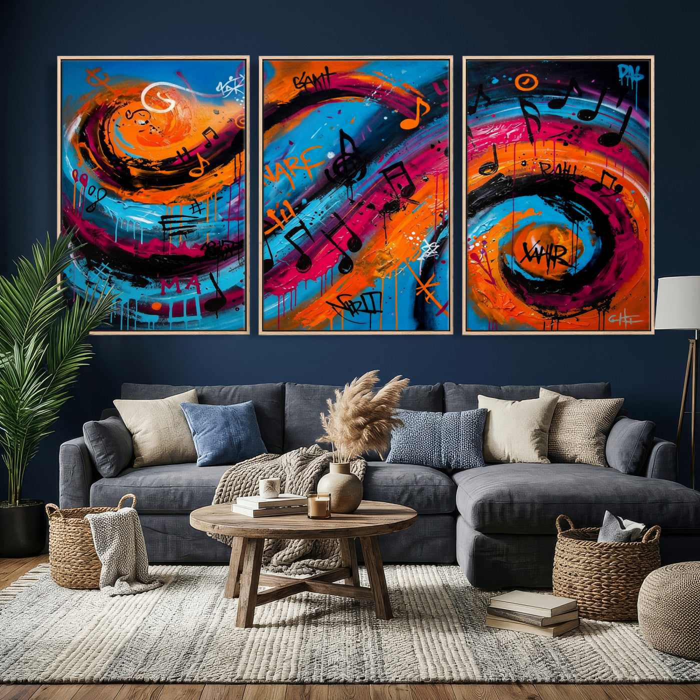 34936518-MGV-CV-36X24 - Geometric Abstract Wall Art Canvas Print, Orange Blue Abstract Expressionist Painting Print, Modern Geometric Abstract Canvas Art