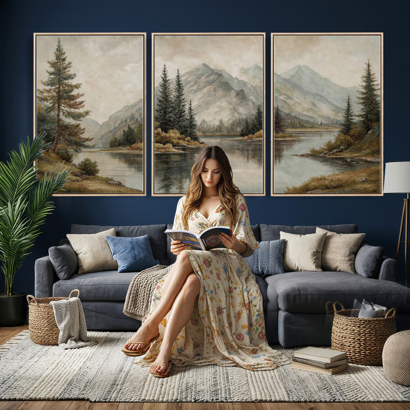 4712069V1-MGV-CV-60X30-3P - Vintage Mountain Landscape Wall Art Canvas Print Set, Rustic Nature Triptych Canvas, Neutral Lake Forest Mountain Wall Decor