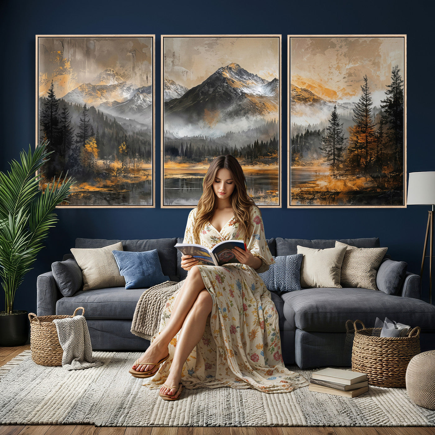 4712069D1-MGV-CV-36X24 - Mountain Lake Canvas Wall Art — Rustic Forest Landscape Print | Gold Grey Nature Decor | Cabin Wall Art | Large Wilderness Art Print Gift