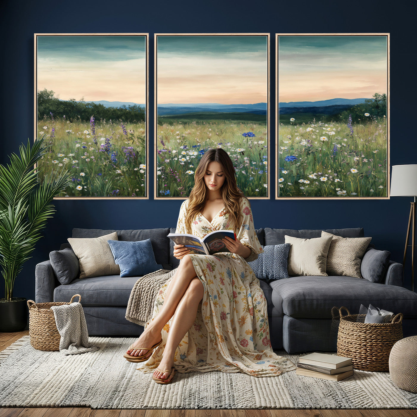 35773805-MGV-CV-36X24 - Wildflower Meadow Oil Painting Canvas — Daisy Lavender Mountain Sunset Print | Cottagecore Floral Wall Art | Bedroom Decor Gift for Her