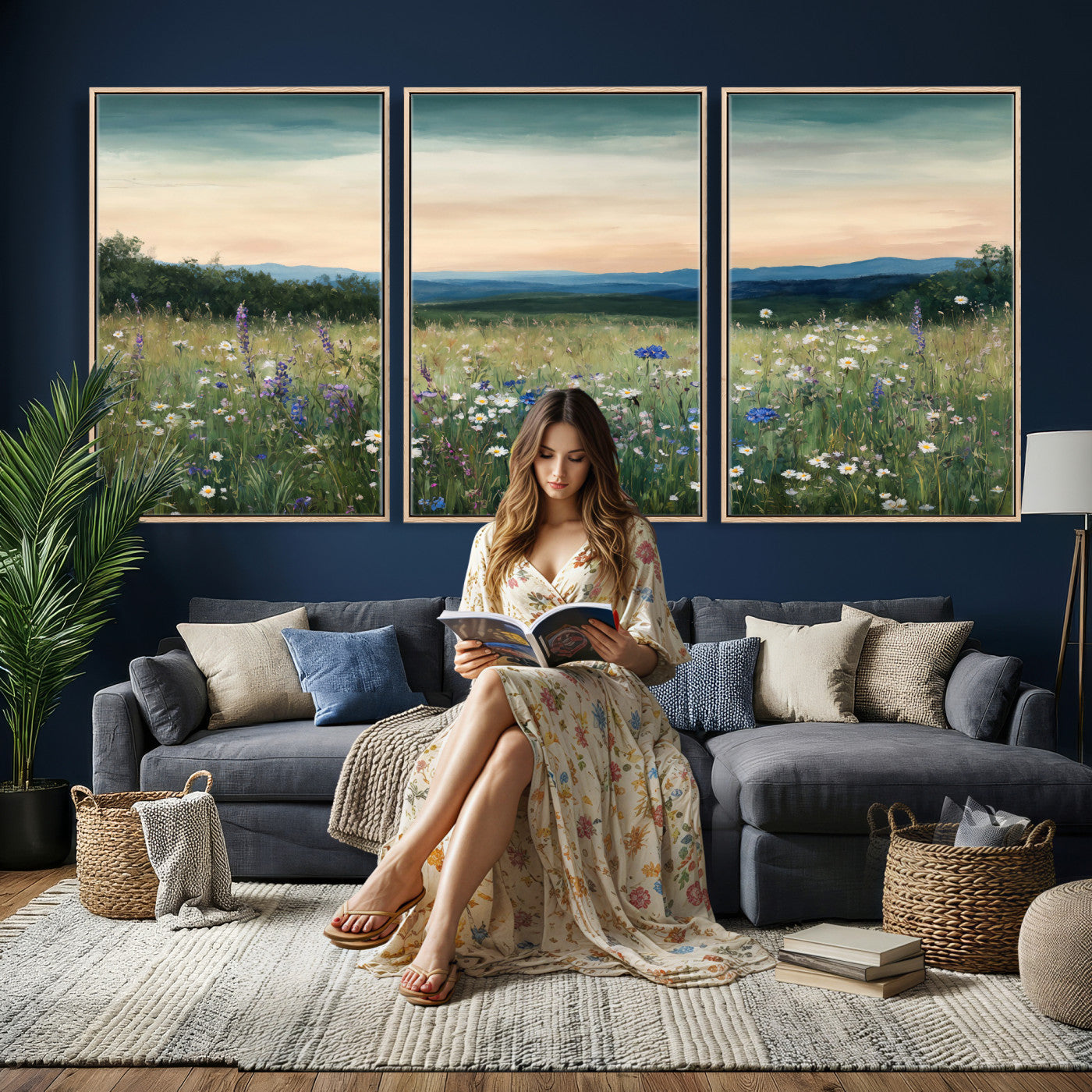 35773805-MGV-CV-36X24 - Wildflower Meadow Oil Painting Canvas Print - Daisy Lavender Mountain Sunset Print | Cottagecore Floral Wall Art - Bedroom Decor Gift for Her