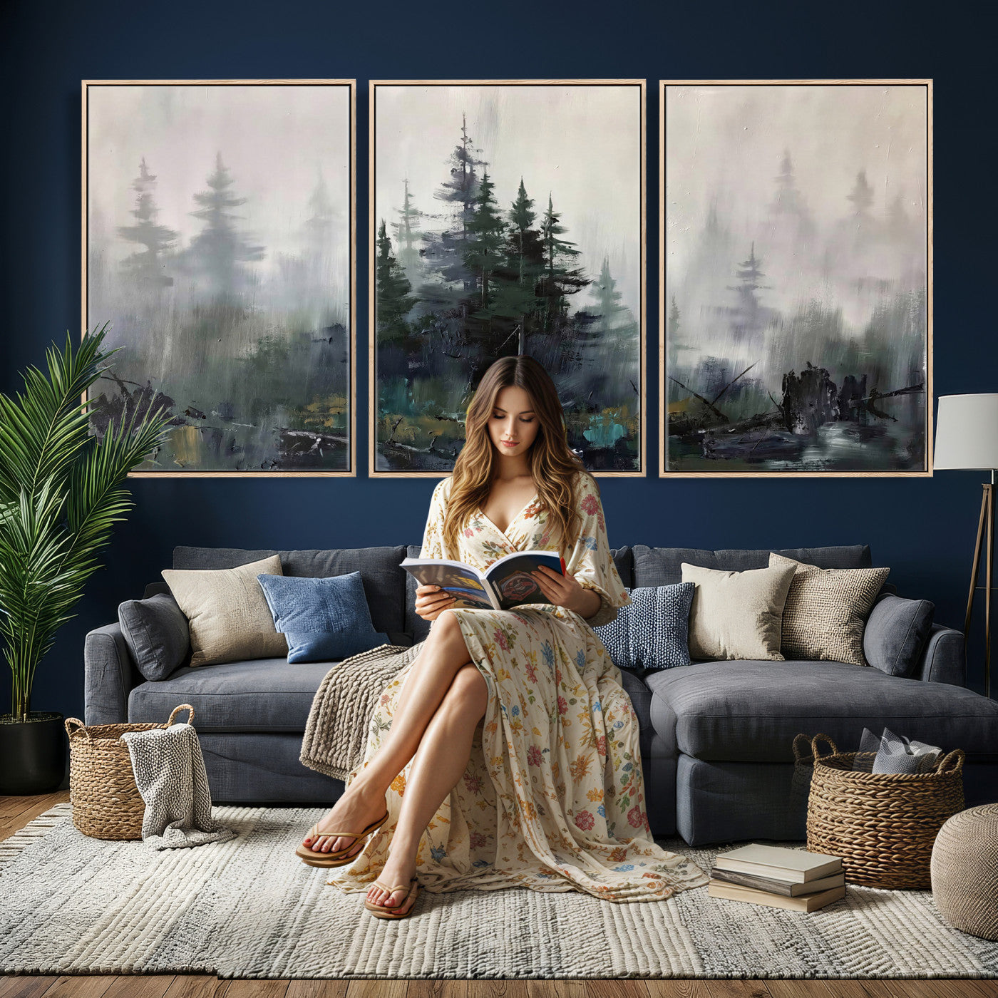 94143325-MGV-CV-36X24 - Misty Pine Forest Oil Painting Canvas — Dark Moody Teal Grey Tree Print | Japandi Scandinavian Wall Art | Minimalist Nature Decor Gift