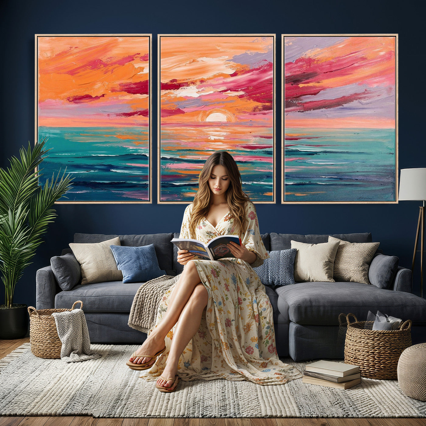 26763902-MGV-CV-36X24 - Bold Palette Knife Ocean Sunset Canvas — Orange Pink Teal Expressionist Sea Print | Colorful Coastal Wall Art | Vibrant Beach Decor Gift
