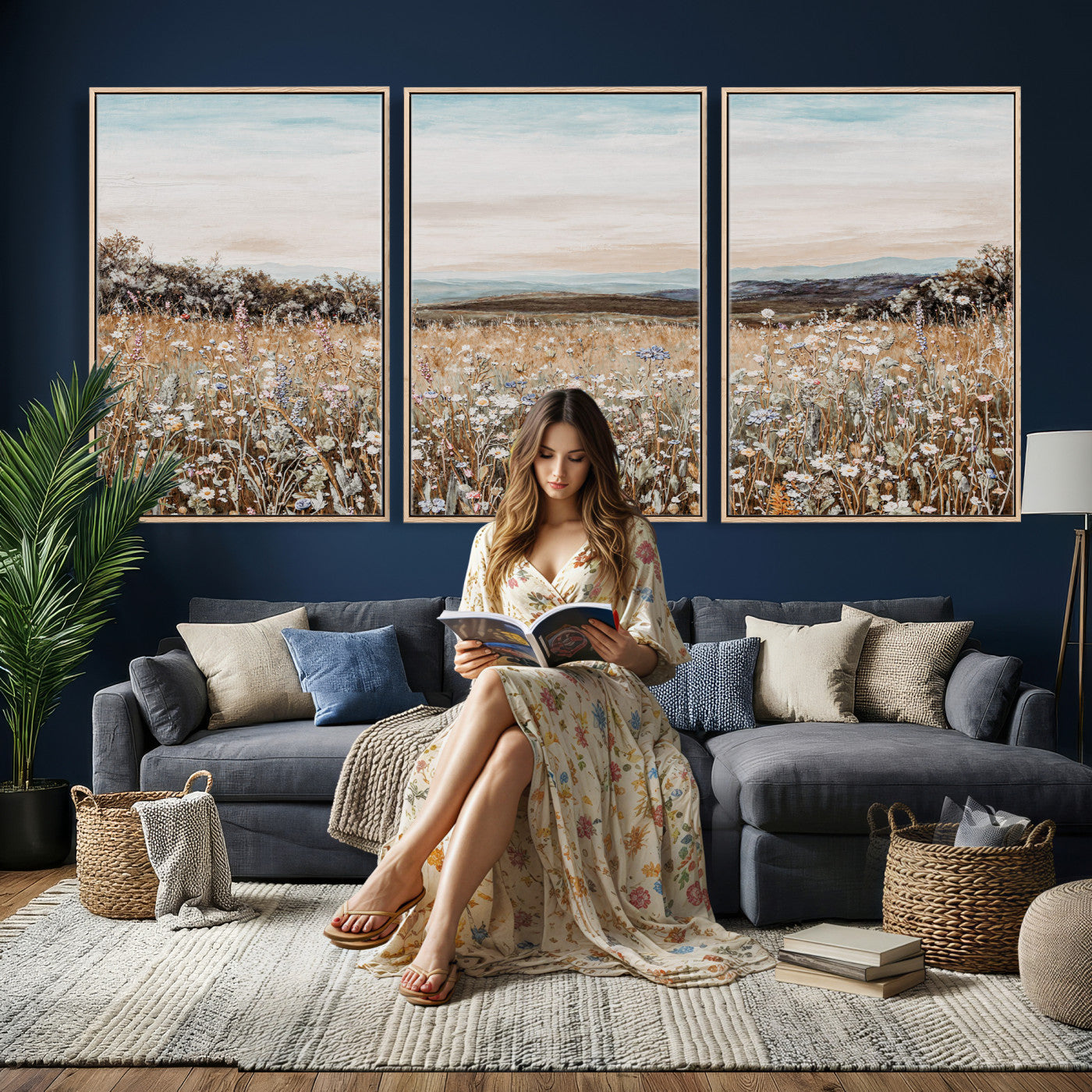 F35773805-MGV-CV-36X24 - Neutral Wildflower Field Canvas Wall Art — Beige Earth Tone Botanical Meadow Print | Farmhouse Boho Decor | Bedroom Living Room Gift Her