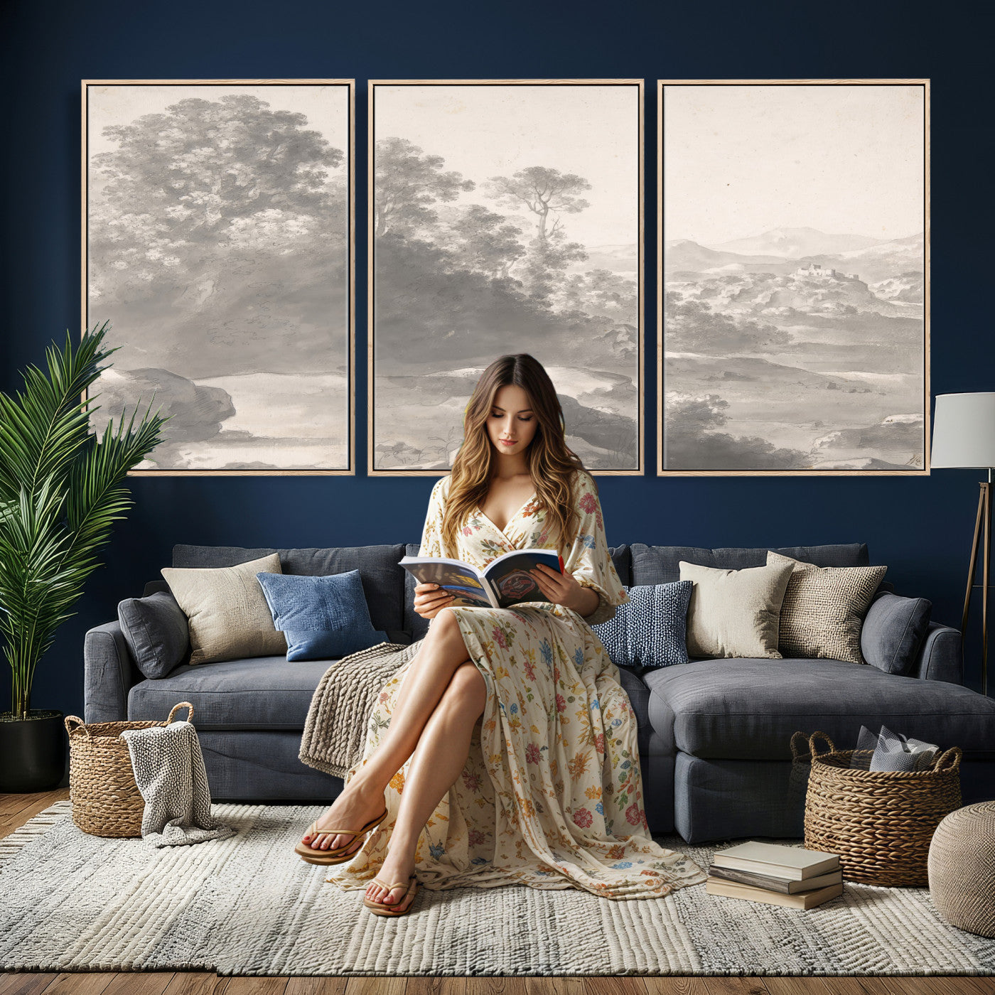 33041209-MGV-CV-36X24 - Van Poelenburch Landscape Canvas Wall Art — Dutch Golden Age Gray Wash Drawing Print | Baroque Italianate Nature Decor | Old Master Classic Gift