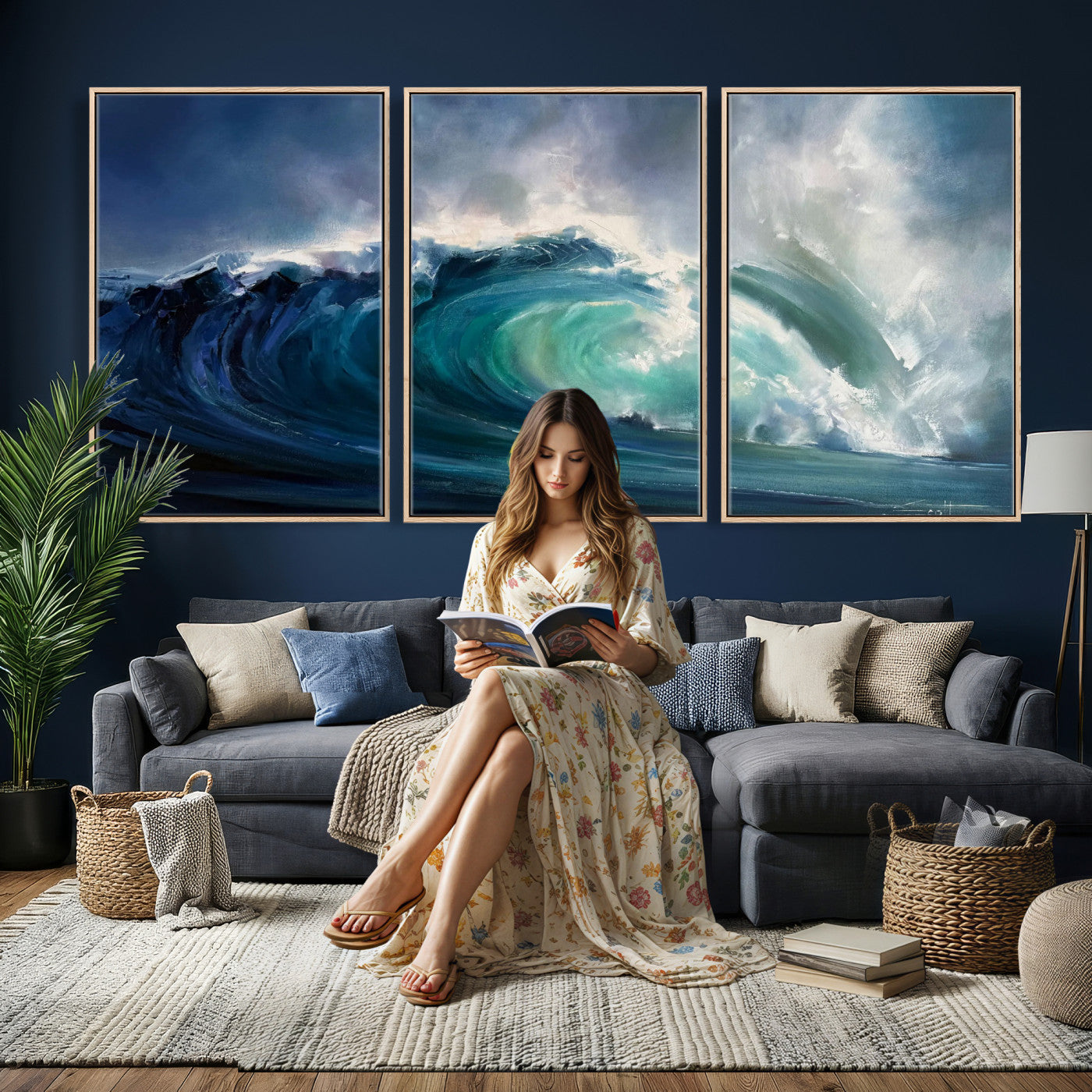 80752160-MGV-CV-60X30-3P - Ocean Wave Canvas Wall Art, Dramatic Teal Blue Seascape Oil Painting Print, Stormy Sea Coastal Decor, Large Beach House Art, Surf Wave Statement Art