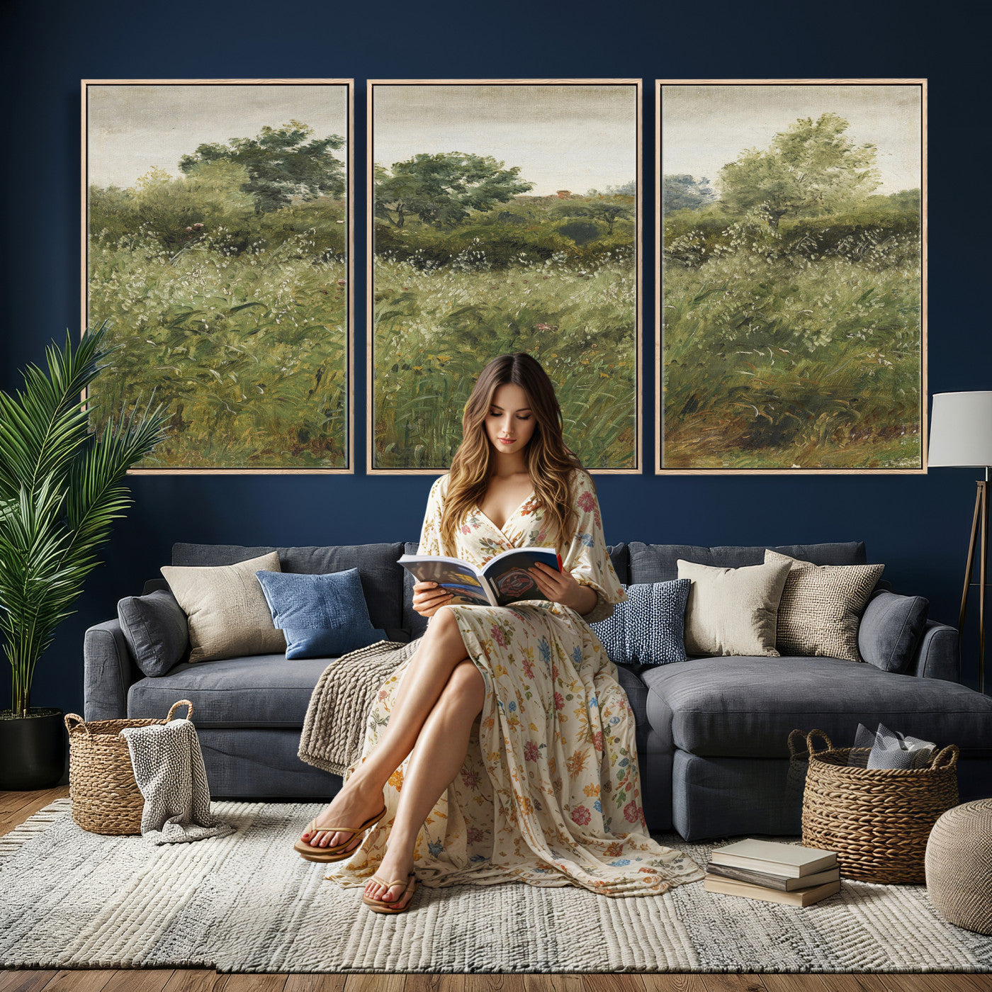 92328261-MGV-CV-36X24 - Wildflower Meadow Canvas Wall Art, Impressionist Overgrown Field Painting Print, Vintage Green Nature Decor, Cottagecore Botanical Art, Living Room Print