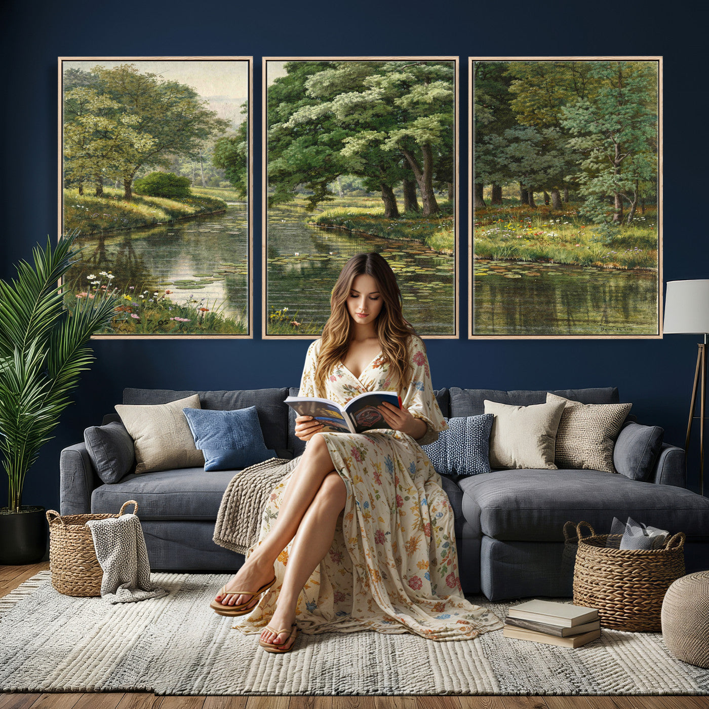 44288560-MGV-CV-36X24 - Forest Stream Canvas Wall Art, Peder Monsted A Forest Stream 1905 Print, Danish Realist Landscape, Lily Pad River Nature Decor, Vintage Green Painting