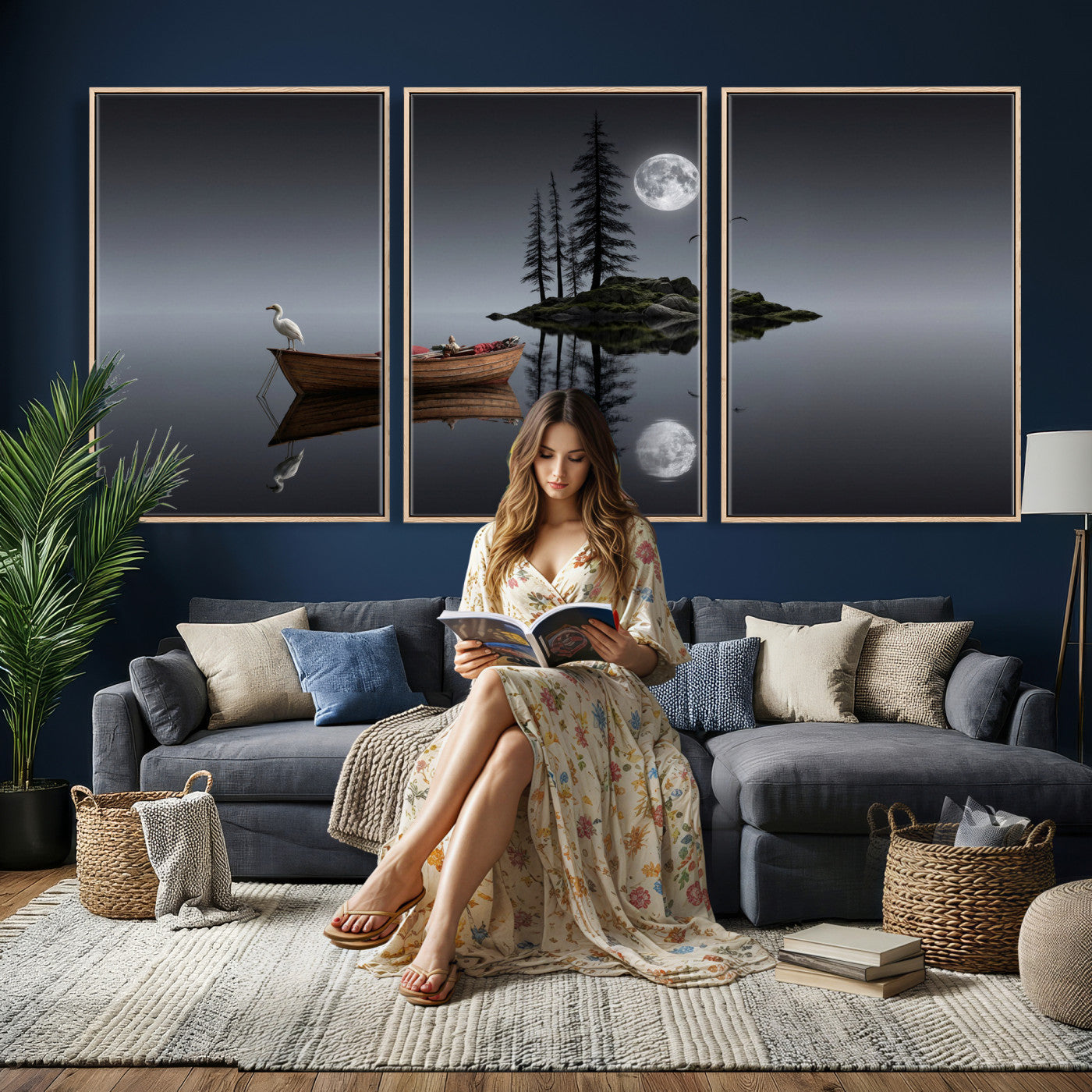 68839391D-MGV-CV-60X30-3P - Moonlit Lake Canvas Wall Art, Dreamy Boat Heron Full Moon Night Print, Dark Fantasy Nature Decor, Moody Bedroom Art, Surreal Landscape Wall Art