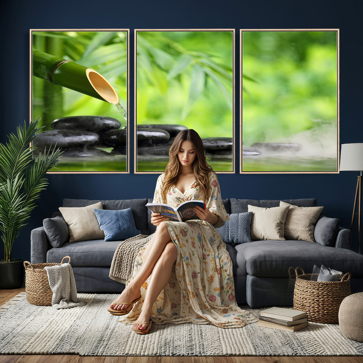 26961320-MGV-CV-36X24 - Bamboo Water Flow Black Stone Canvas | Zen Spa Nature Photography Print | Green Mist Japanese Garden Wall Art | Tranquil Decor