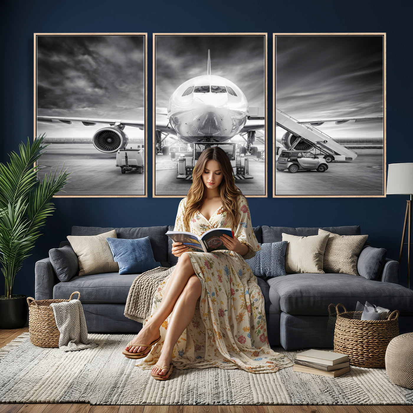 85885848-MGV-CV-36X24 - Airplane Wall Art Canvas Print, Black and White Jet Aircraft Airport Runway Framed Aviation Artwork for Pilot Office Hangar Travel Decor