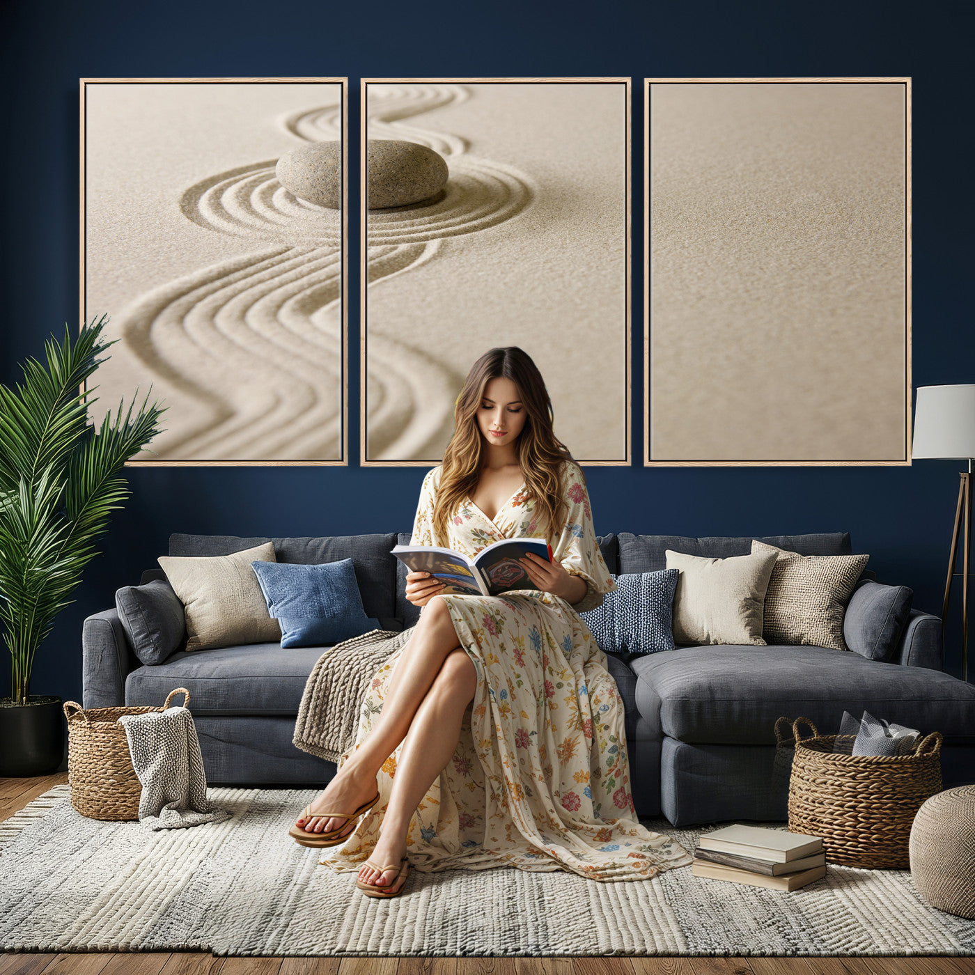 66852661-MGV-CV-36X24 - Zen Garden Stone Sand Canvas | Japanese Rock Garden Wall Art | Minimalist Meditation Print | Neutral Beige Mindfulness Decor