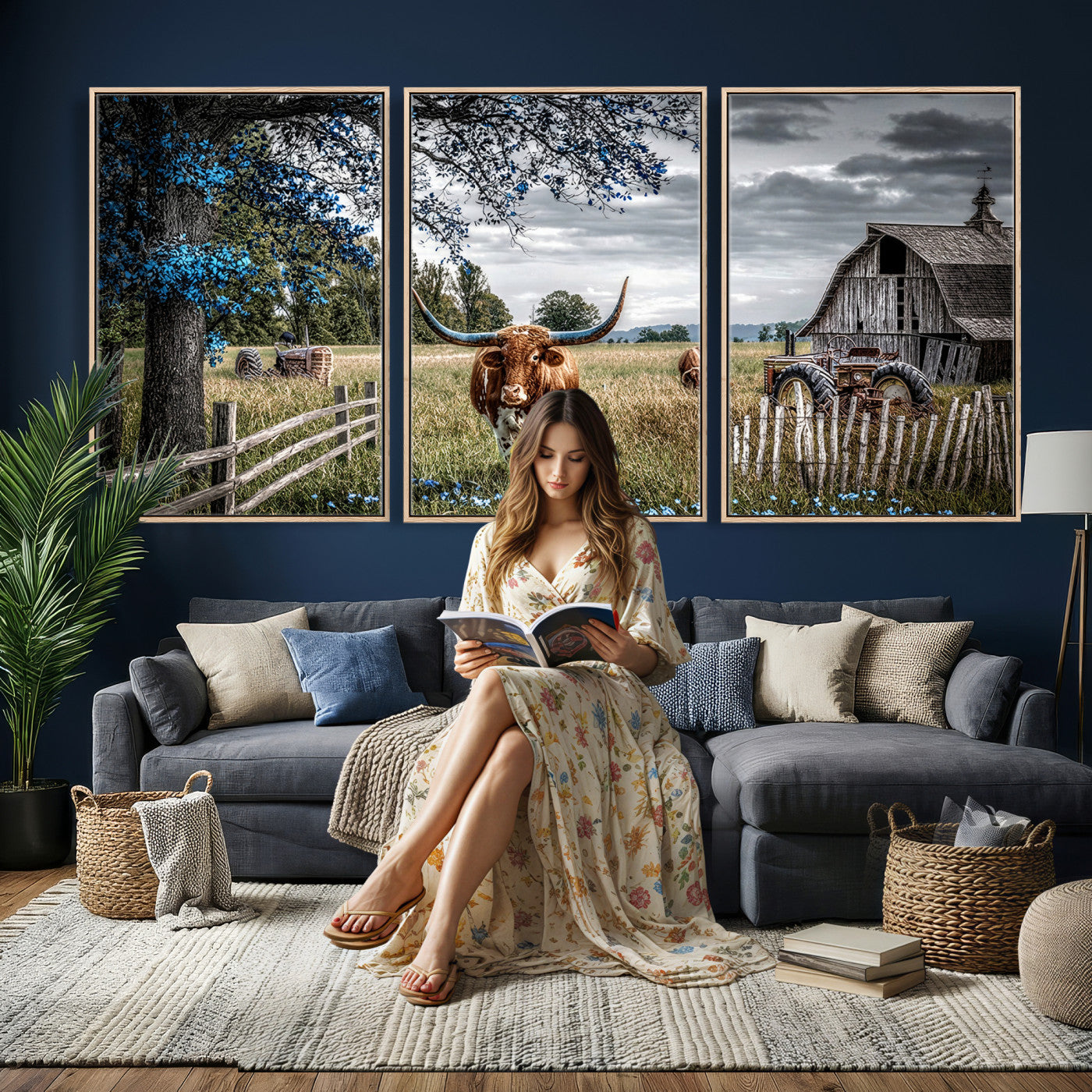 40526446-MGV-CV-60X30-3P - Texas Longhorn Canvas Wall Art, Rustic Farm Barn Bluebonnet Photography Print, Farmhouse Country Decor, Western Ranch Art, Old Truck Tractor Print