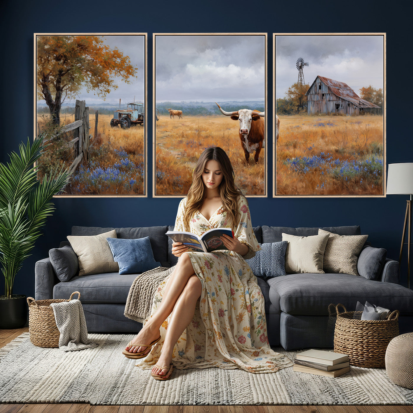 25324907-MGV-CV-60X30-3P - Texas Longhorn Canvas Wall Art, Rustic Farm Barn Bluebonnet Photography Print, Farmhouse Country Decor, Western Ranch Art, Old Truck Tractor Print