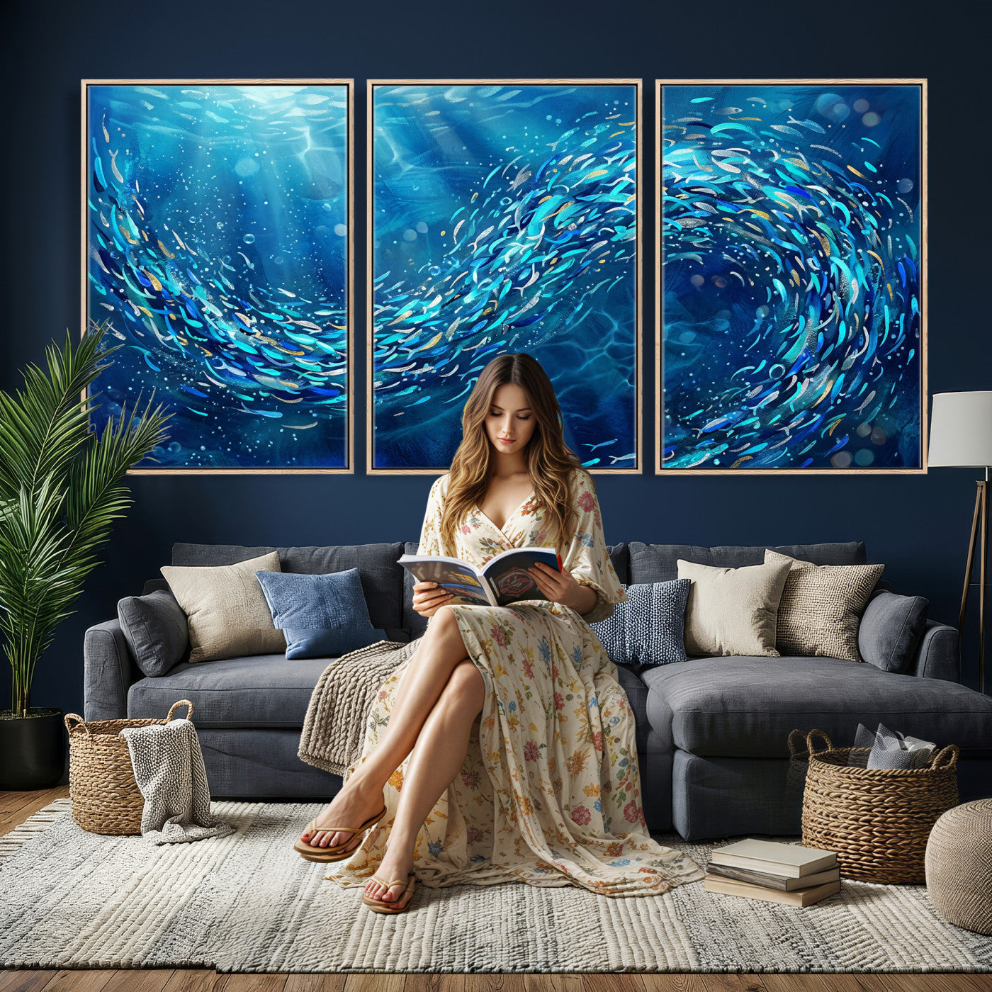 54535639-MGV-CV-36X24 - School of Fish Canvas Print | Blue Ocean Underwater Wall Art | Swirling Fish Shoal Illustration | Marine Navy Coastal Decor