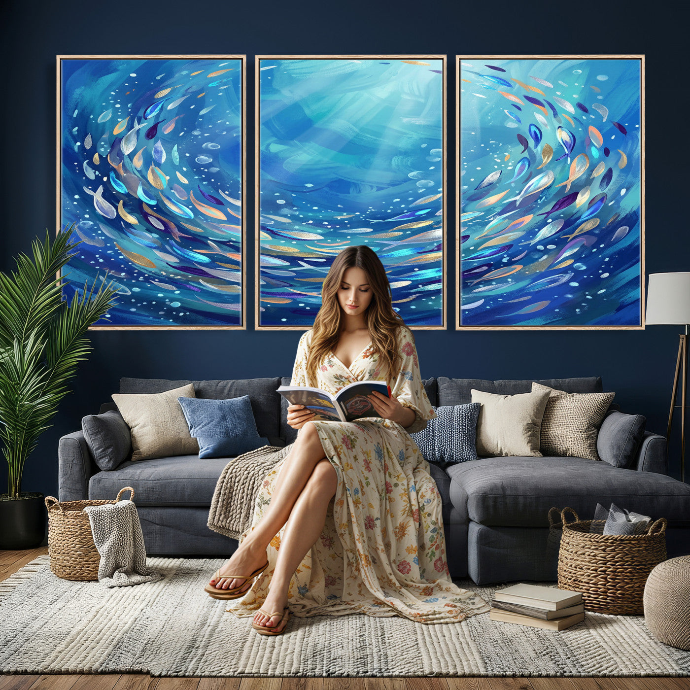78699899-MGV-CV-36X24 - School of Fish Canvas Print | Blue Ocean Underwater Wall Art | Swirling Fish Shoal Illustration | Marine Navy Coastal Decor