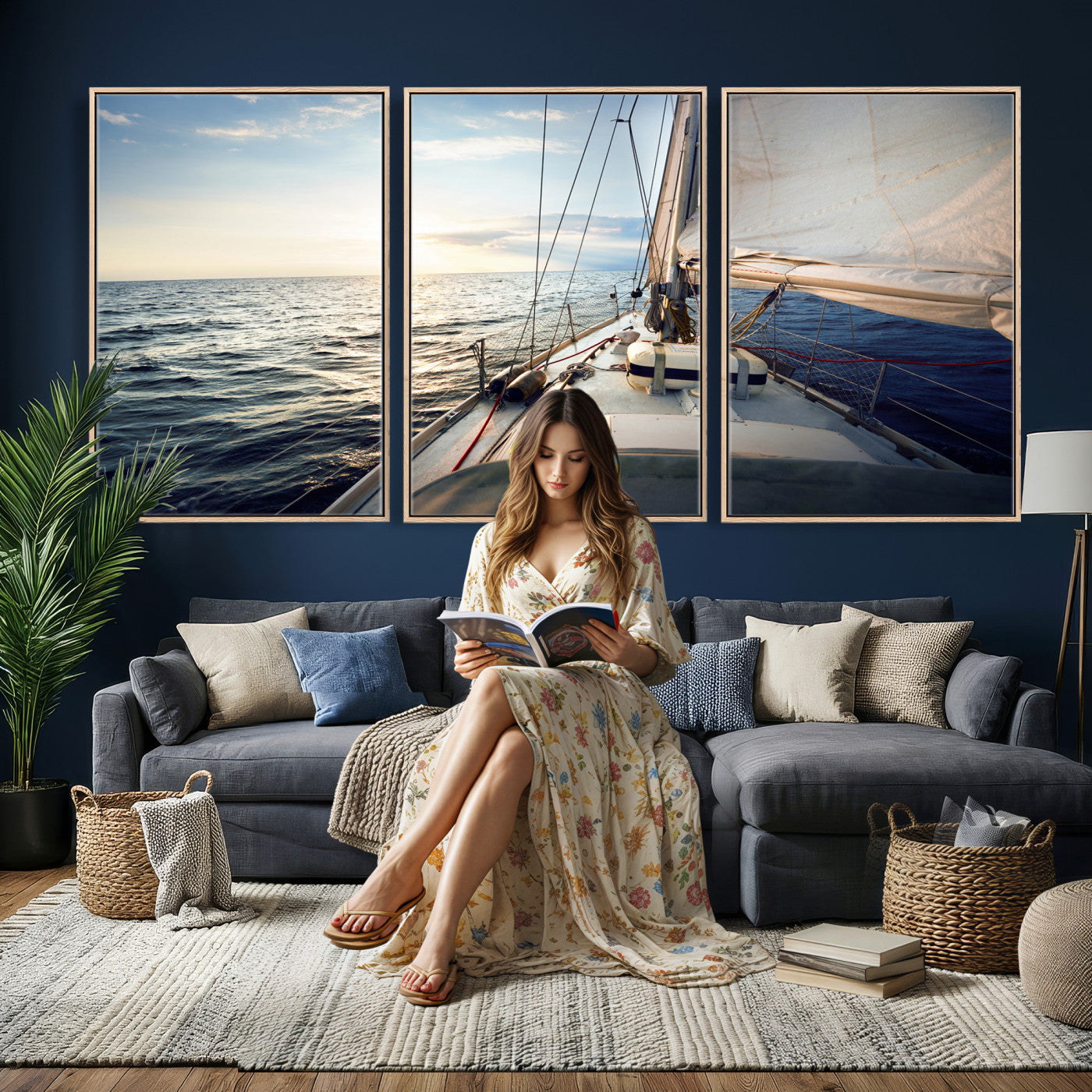 76381335-MGV-CV-36X24 - Sailboat Wall Art Canvas Print, Ocean Sunset Sailing Framed Artwork, Coastal Nautical Seascape Decor for Living Room Office Beach House