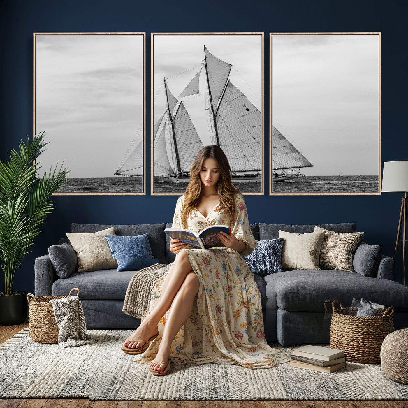 52882918-MGV-CV-36X24 - Vintage Sailboat Wall Art Canvas Print, Black and White Schooner Framed Artwork, Nautical Ocean Sailing Decor for Living Room Office Beach House