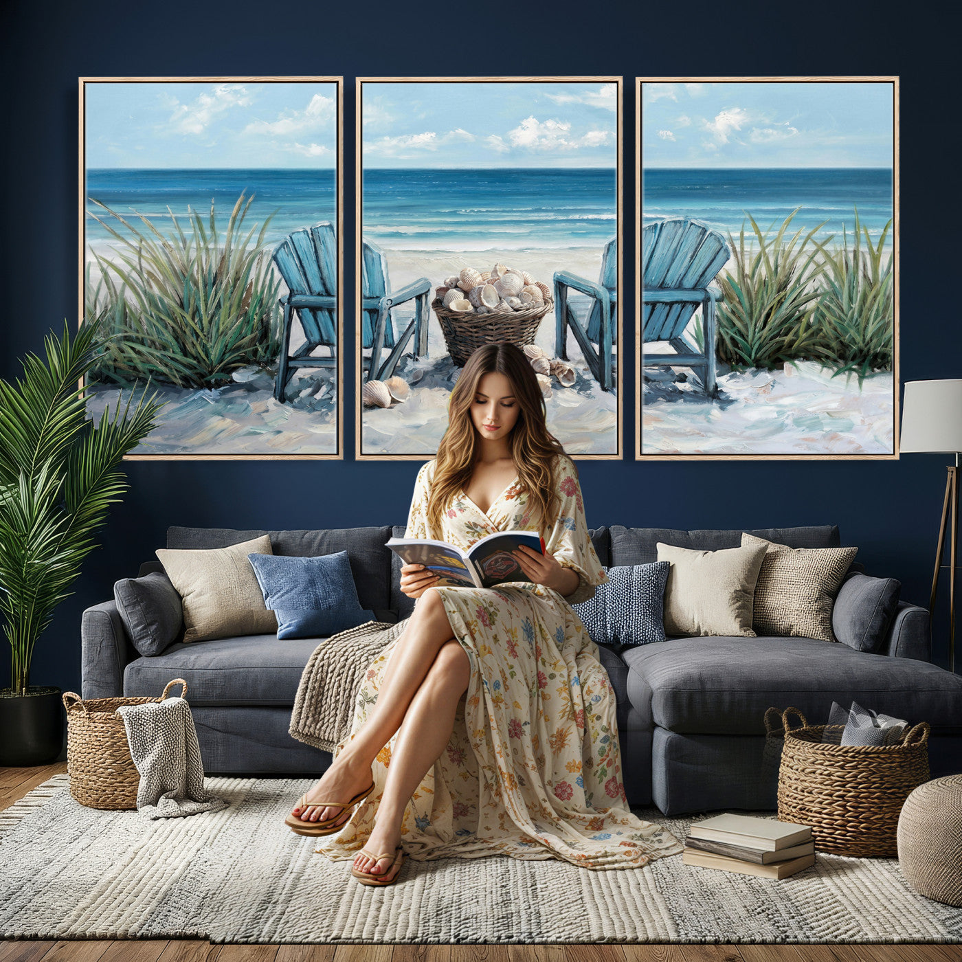 11973028-MGV-CV-36X24 - Beach Canvas Wall Art Coastal Adirondack Chairs Ocean Seashells Blue Nautical Framed Large for Living Room Bedroom Bathroom Decor