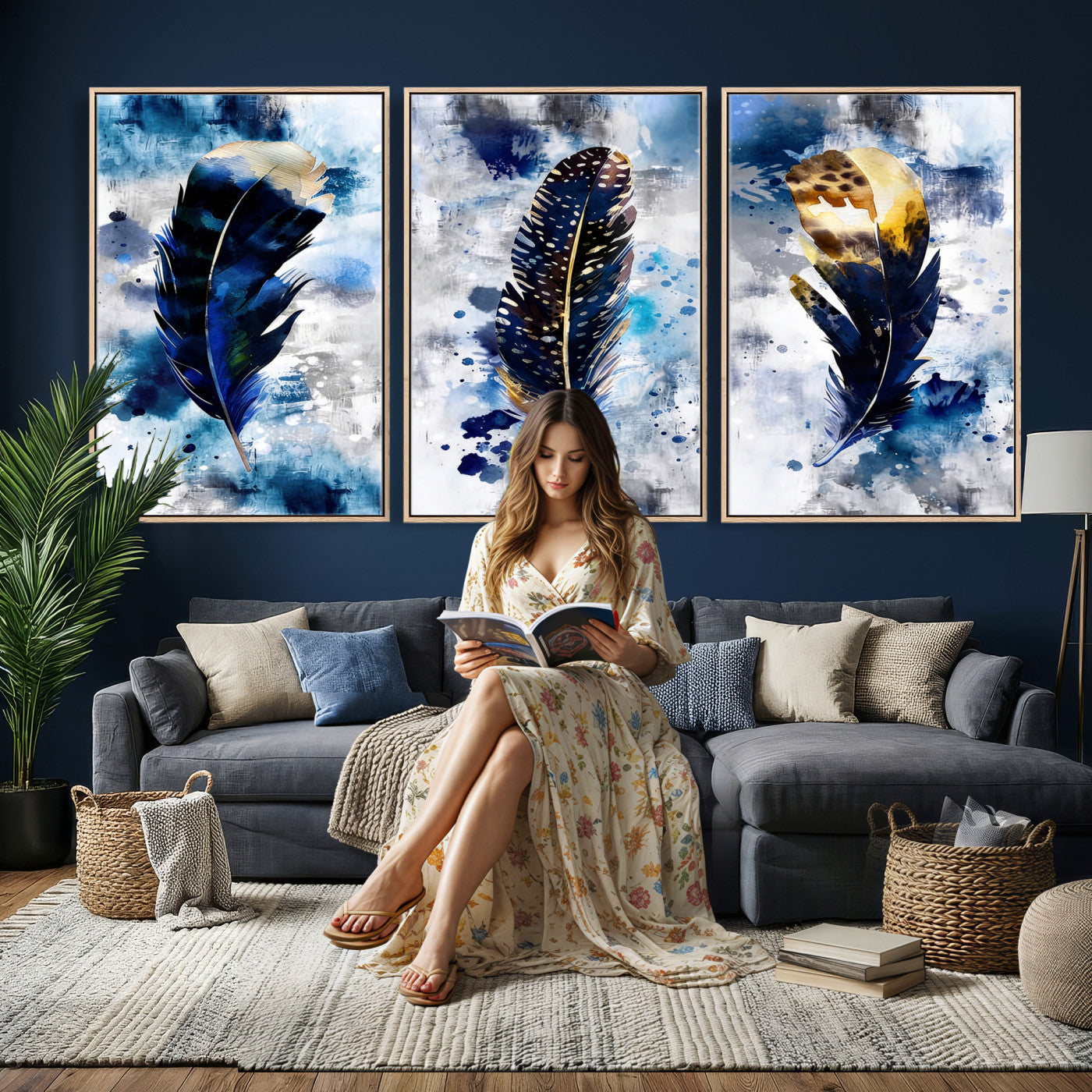 74325132F-MGV-CV-60X30-3P - Feather Canvas Wall Art Navy Blue Gold Watercolor Abstract Boho Eclectic Framed Large for Living Room Bedroom Office Entryway Decor