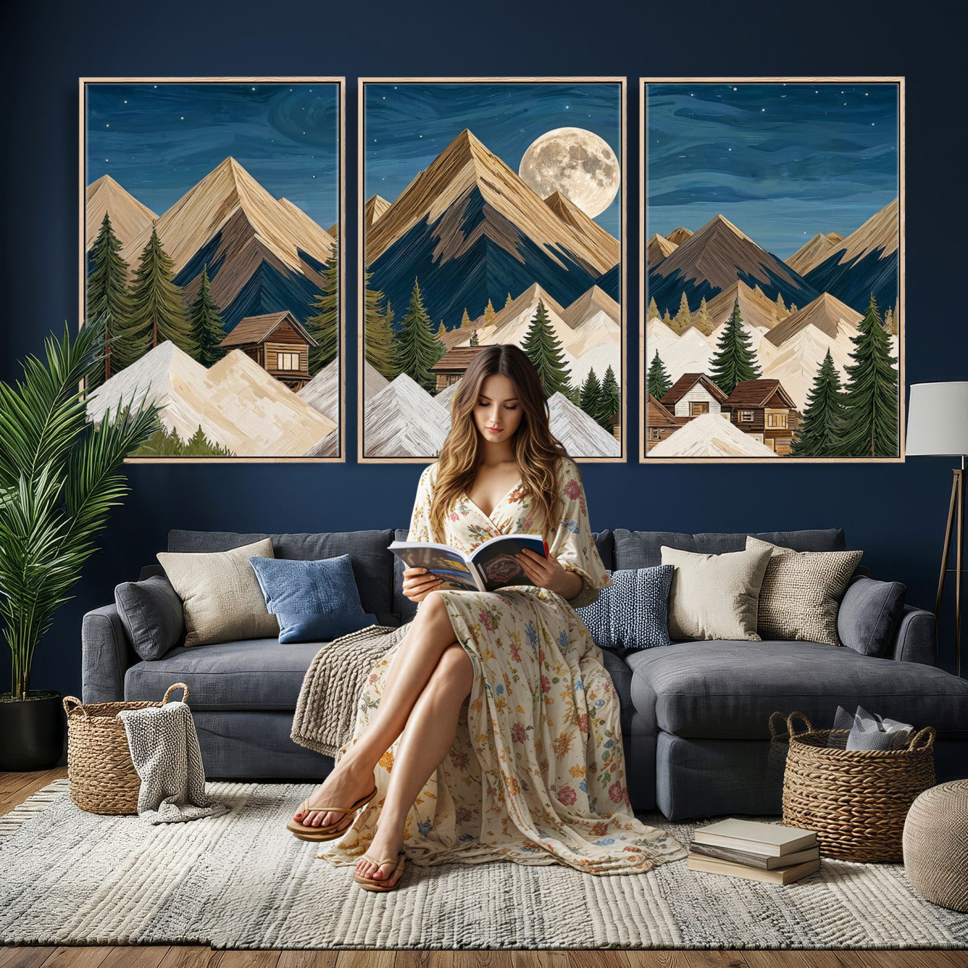 17622011MO-MGV-CV-60X30-3P - Moonlit Mountain Cabin Wall Art Canvas Print, Rustic Mountain Landscape Canvas Print, Woodland Cabin Wall Decor, Framed Nature Artwork Ready to Hang