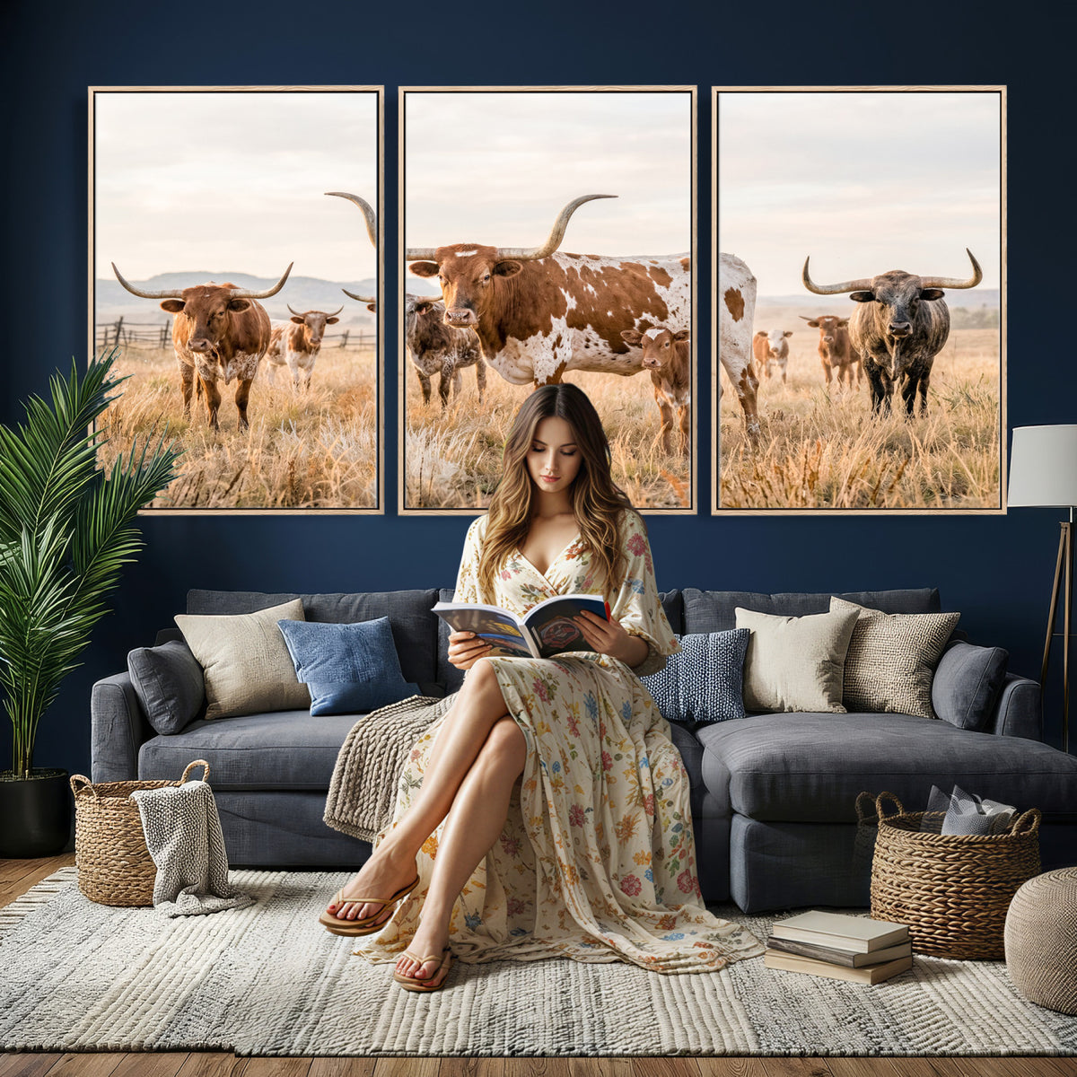 62336425AC-MGV-CV-36X24 - Texas Longhorn Canvas Wall Art, Rustic Farm Animal Photography Print, Farmhouse Country Decor, Western Ranch Art