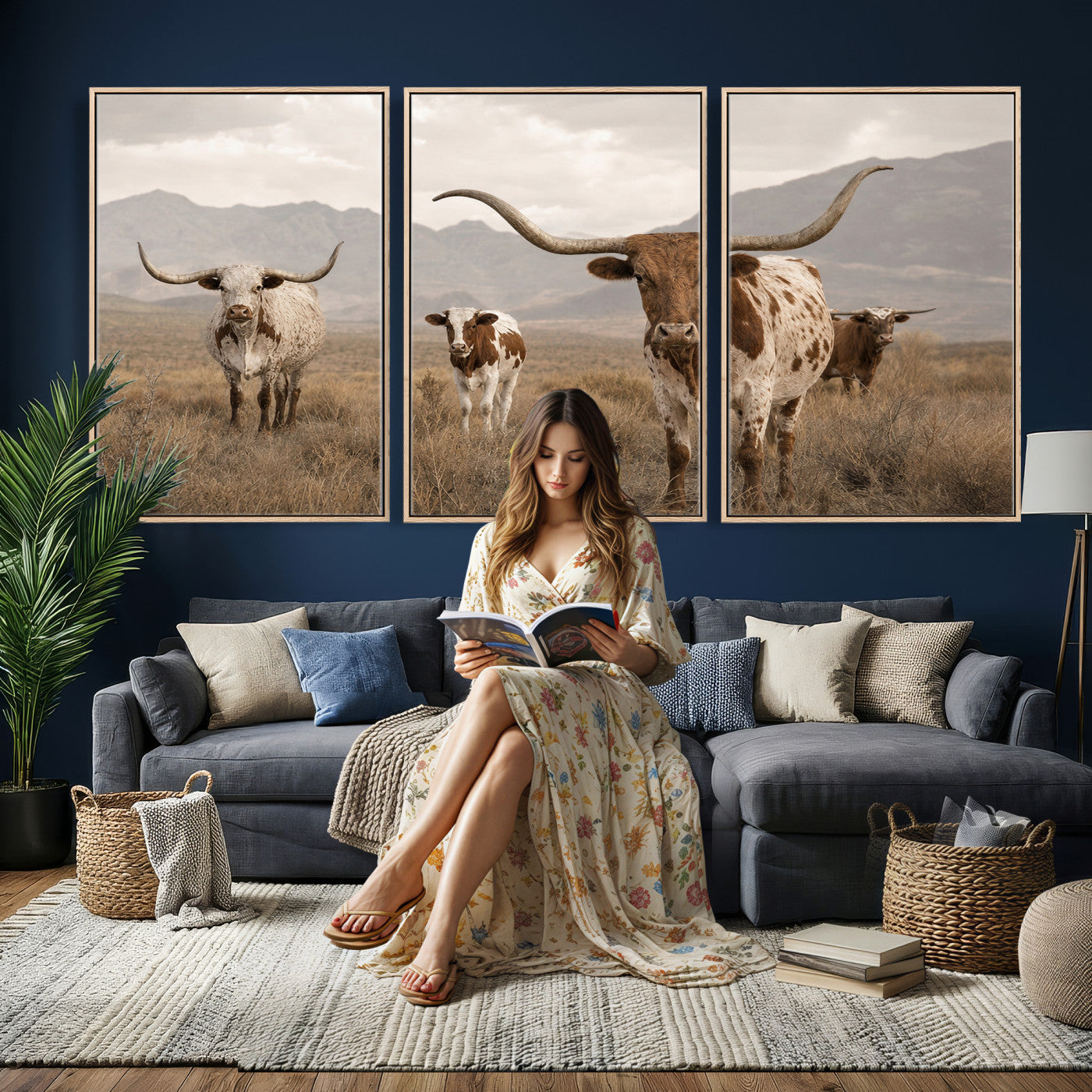 62336425AD-MGV-CV-36X24 - Rustic Texas Longhorn Cow Canvas Wall Art Print, Rustic Farm Animal Photography Print, Farmhouse Country Decor, Western Ranch Art