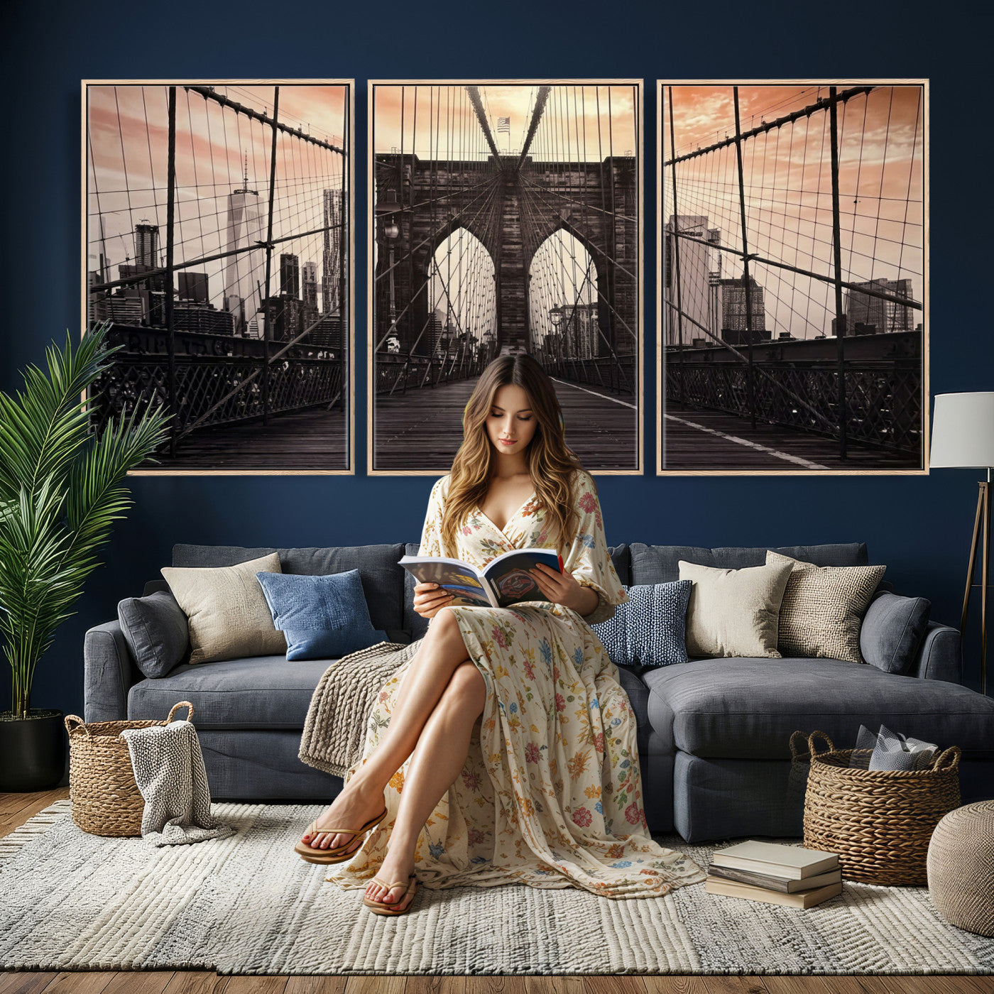 93226664-MGV-CV-36X24 - Brooklyn Bridge Canvas Wall Art, New York City Skyline Photography Print, NYC Landmark Urban Decor Artwork