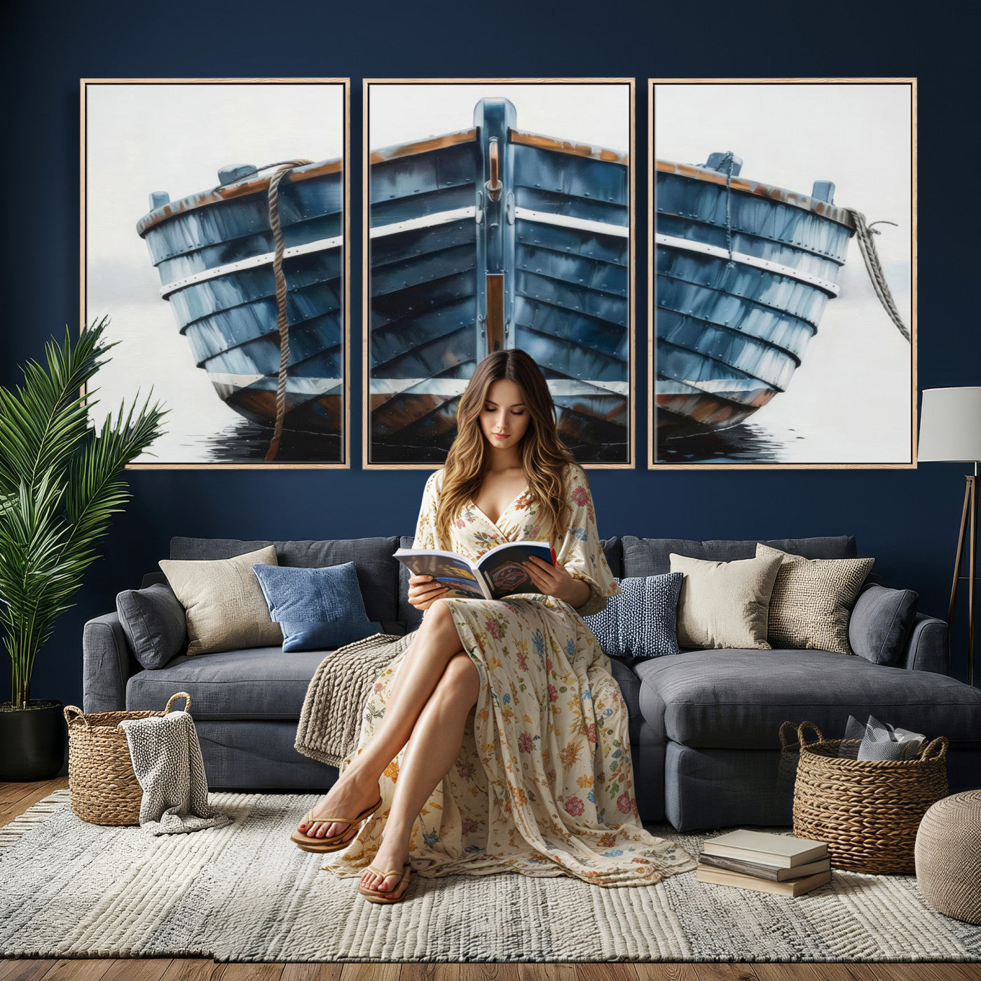 21601740-MGV-CV-36X24 - Blue Wooden Rowboat Canvas Wall Art, Coastal Nautical Boat Painting Print for Lake Beach House Decor, Minimalist Maritime Decor Artwork