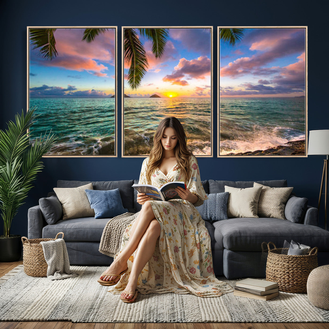 13207742-MGV-CV-36X24 - Hawaii Beach Sunset Canvas Wall Art Print, Tropical Ocean Landscape Artwork, Palm Tree Coastal Decor for Living Room Bedroom