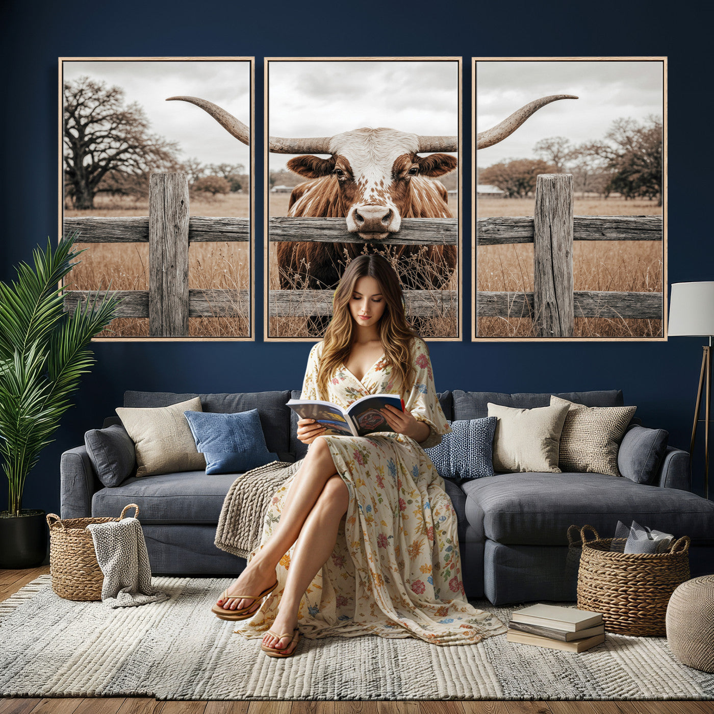 59378683N-MGV-CV-60X30-3P - Farmhouse Texas Longhorn Bull Canvas Wall Art, Western Ranch Cattle Photography Print, Rustic Barn Cowboy Decor Artwork