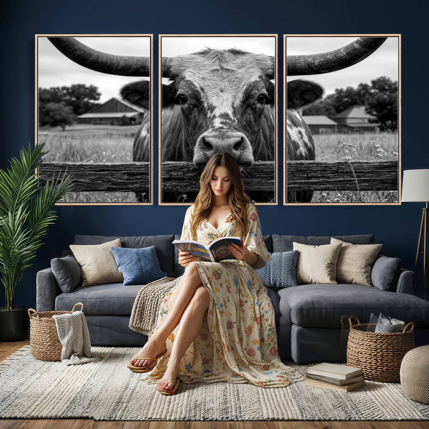 59378683B-MGV-CV-36X24 - Black White Texas Longhorn Bull Canvas Wall Art, Western Ranch Cattle Photography Print, Rustic Farmhouse Cowboy Decor Artwork