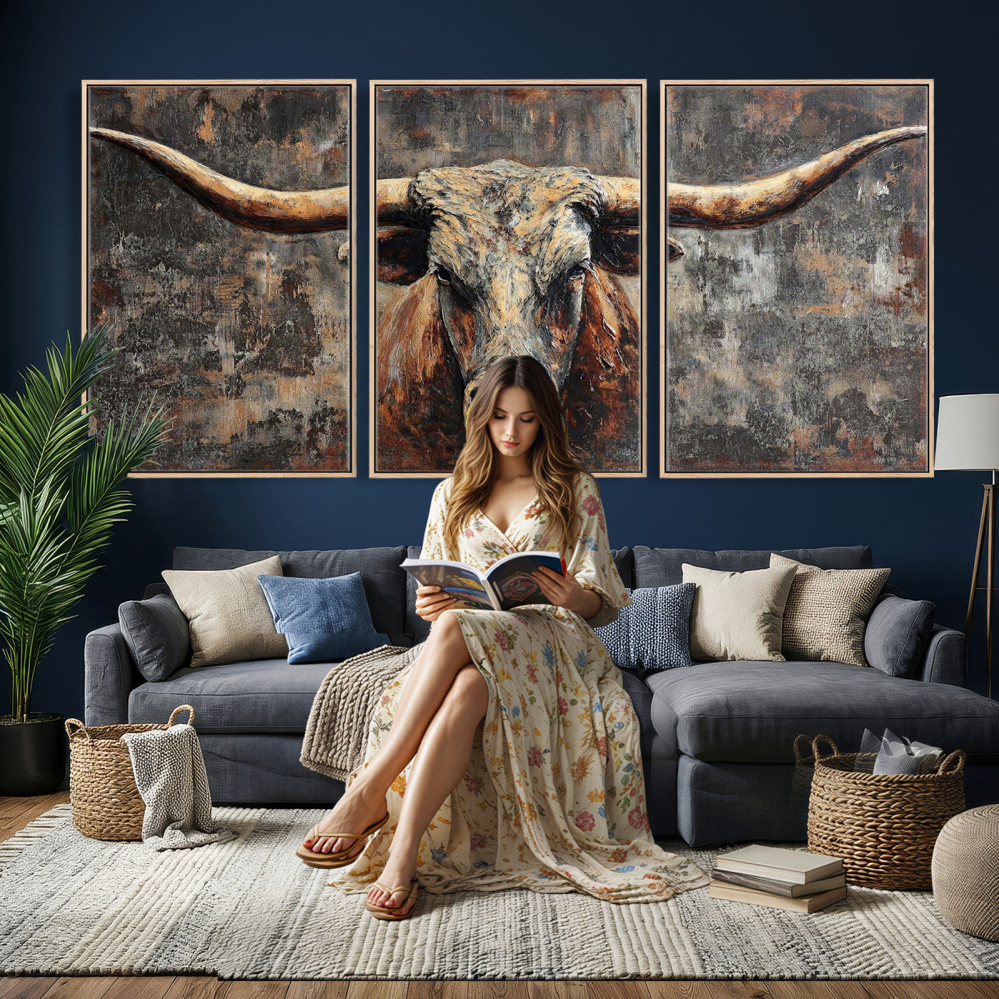34202127RS-MGV-CV-60X30-3P - Texas Longhorn Skull Canvas Wall Art Rustic Western Decor Print